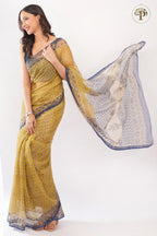 Yellow and Indigo Bagru Handblocked Kota Saree