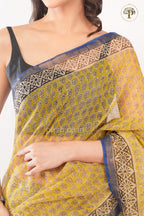 Yellow and Indigo Bagru Handblocked Kota Saree