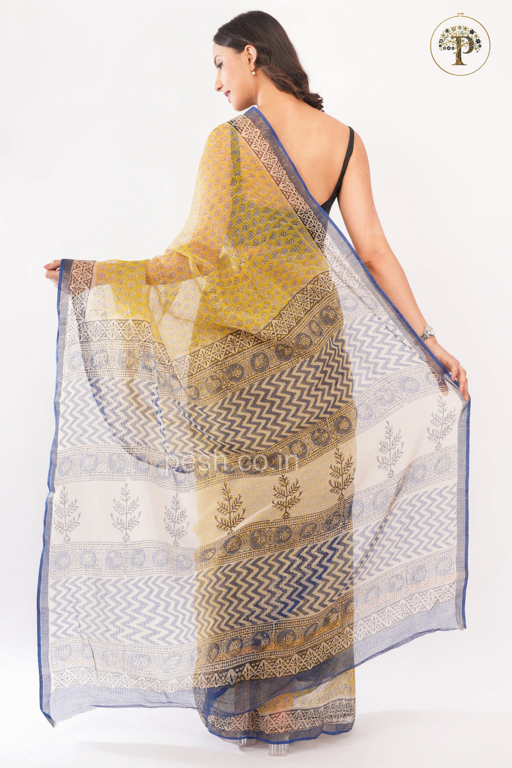 Yellow and Indigo Bagru Handblocked Kota Saree