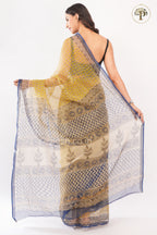 Yellow and Indigo Bagru Handblocked Kota Saree