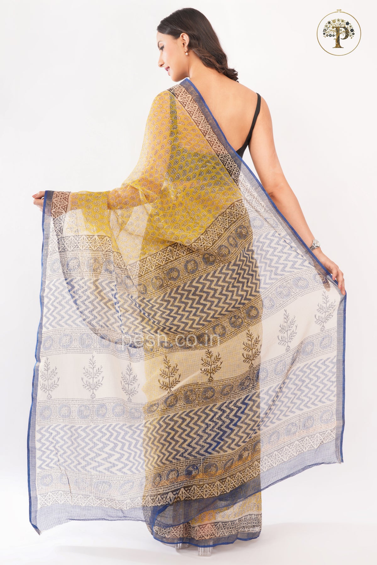 Yellow and Indigo Bagru Handblocked Kota Saree