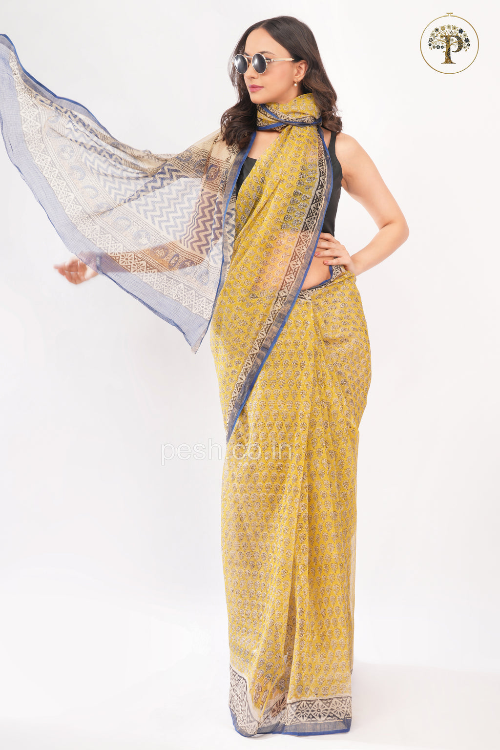 Yellow and Indigo Bagru Handblocked Kota Saree