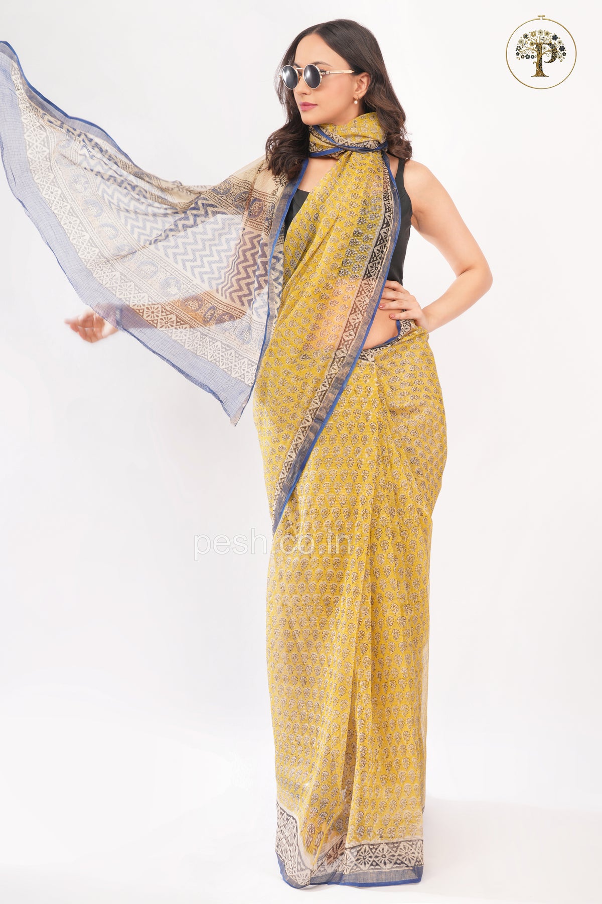 Yellow and Indigo Bagru Handblocked Kota Saree
