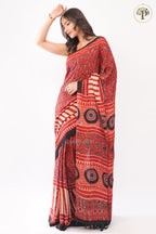 Red Pure Modal Silk Handblocked Ajrakh Saree with Stitched Real Mirrors