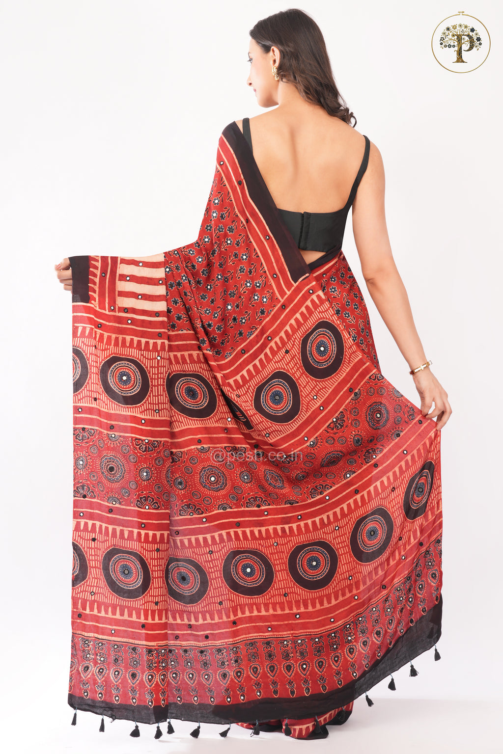 Red Pure Modal Silk Handblocked Ajrakh Saree with Stitched Real Mirrors