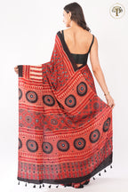 Red Pure Modal Silk Handblocked Ajrakh Saree with Stitched Real Mirrors