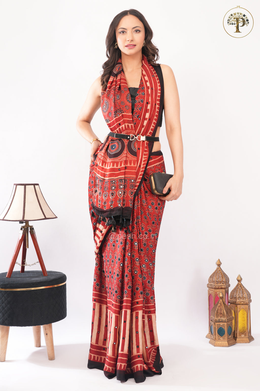 Red Pure Modal Silk Handblocked Ajrakh Saree with Stitched Real Mirrors