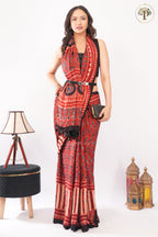 Red Pure Modal Silk Handblocked Ajrakh Saree with Stitched Real Mirrors