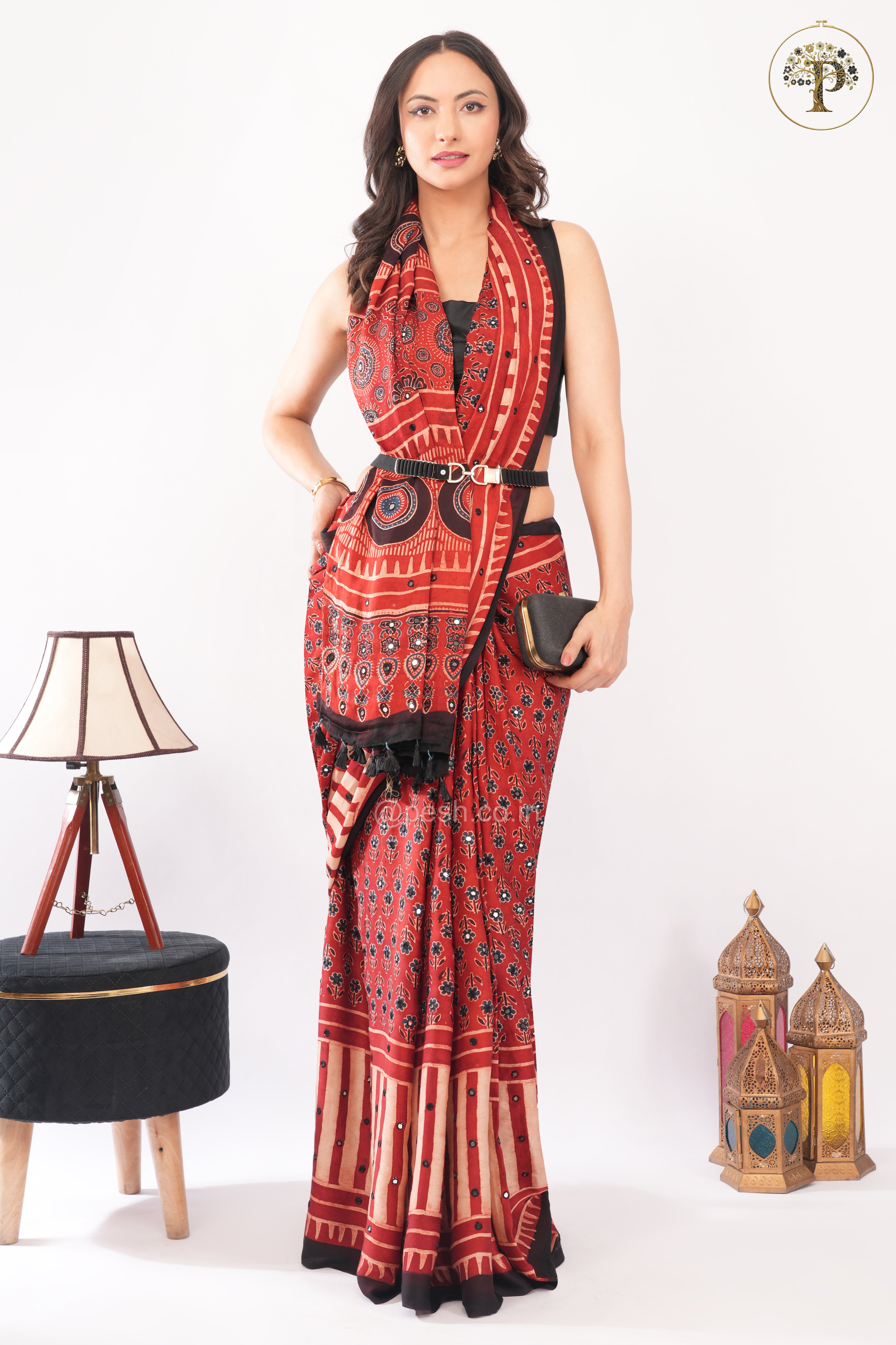 Red Pure Modal Silk Handblocked Ajrakh Saree with Stitched Real Mirrors