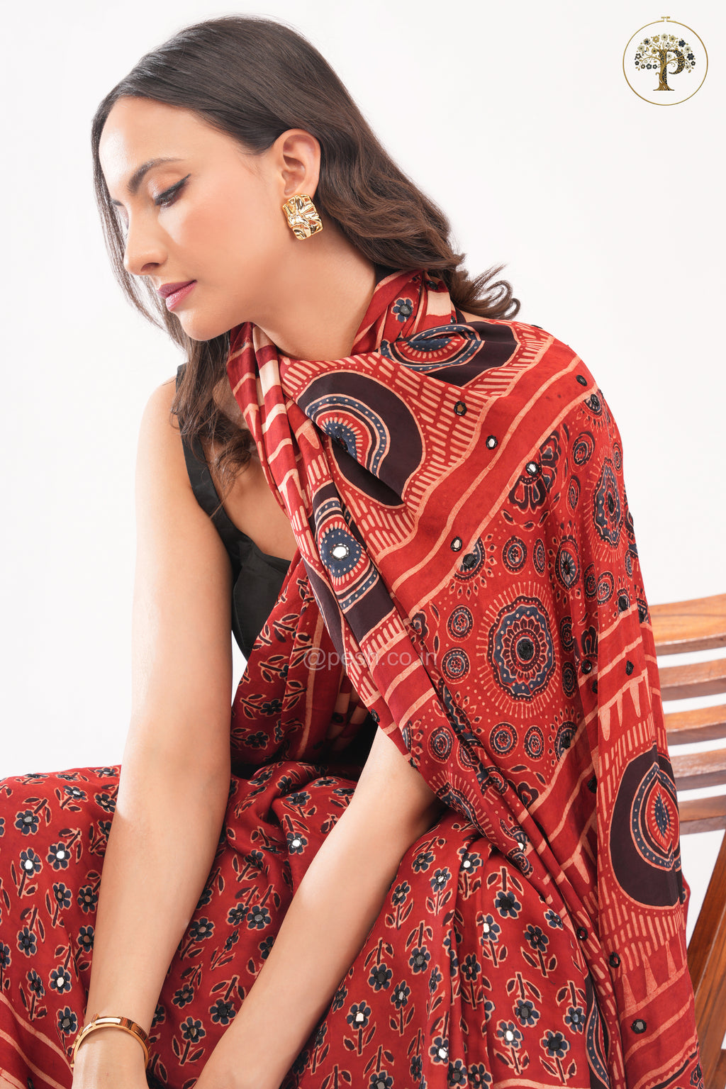 Red Pure Modal Silk Handblocked Ajrakh Saree with Stitched Real Mirrors