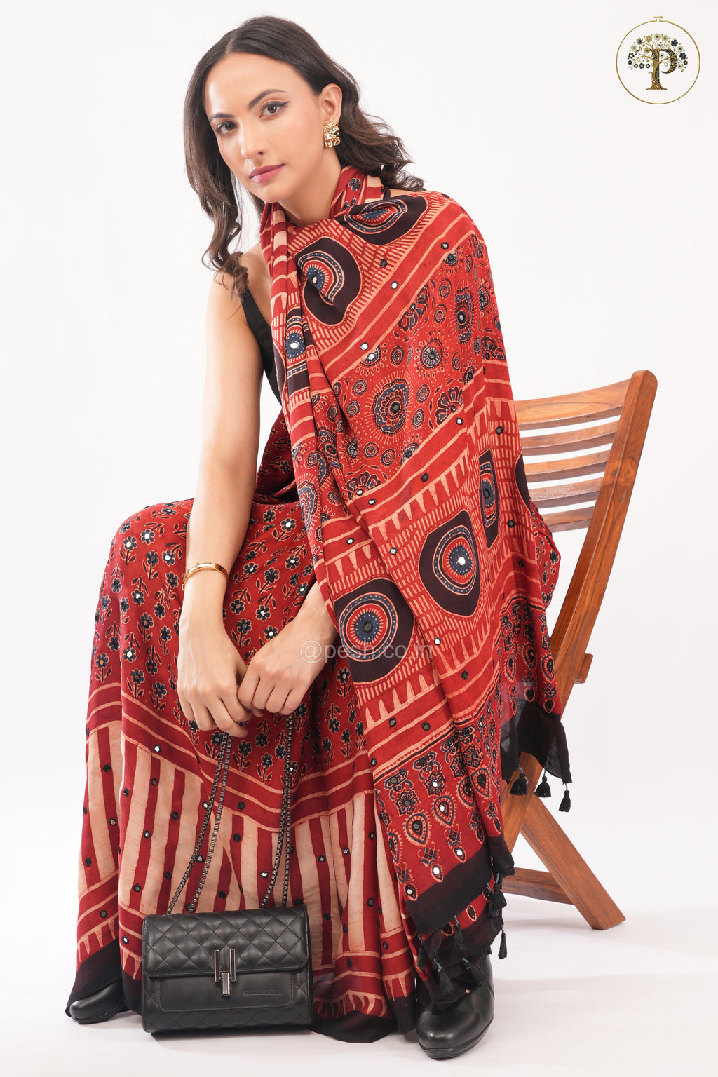 Red Pure Modal Silk Handblocked Ajrakh Saree with Stitched Real Mirrors