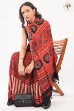Red Pure Modal Silk Handblocked Ajrakh Saree with Stitched Real Mirrors