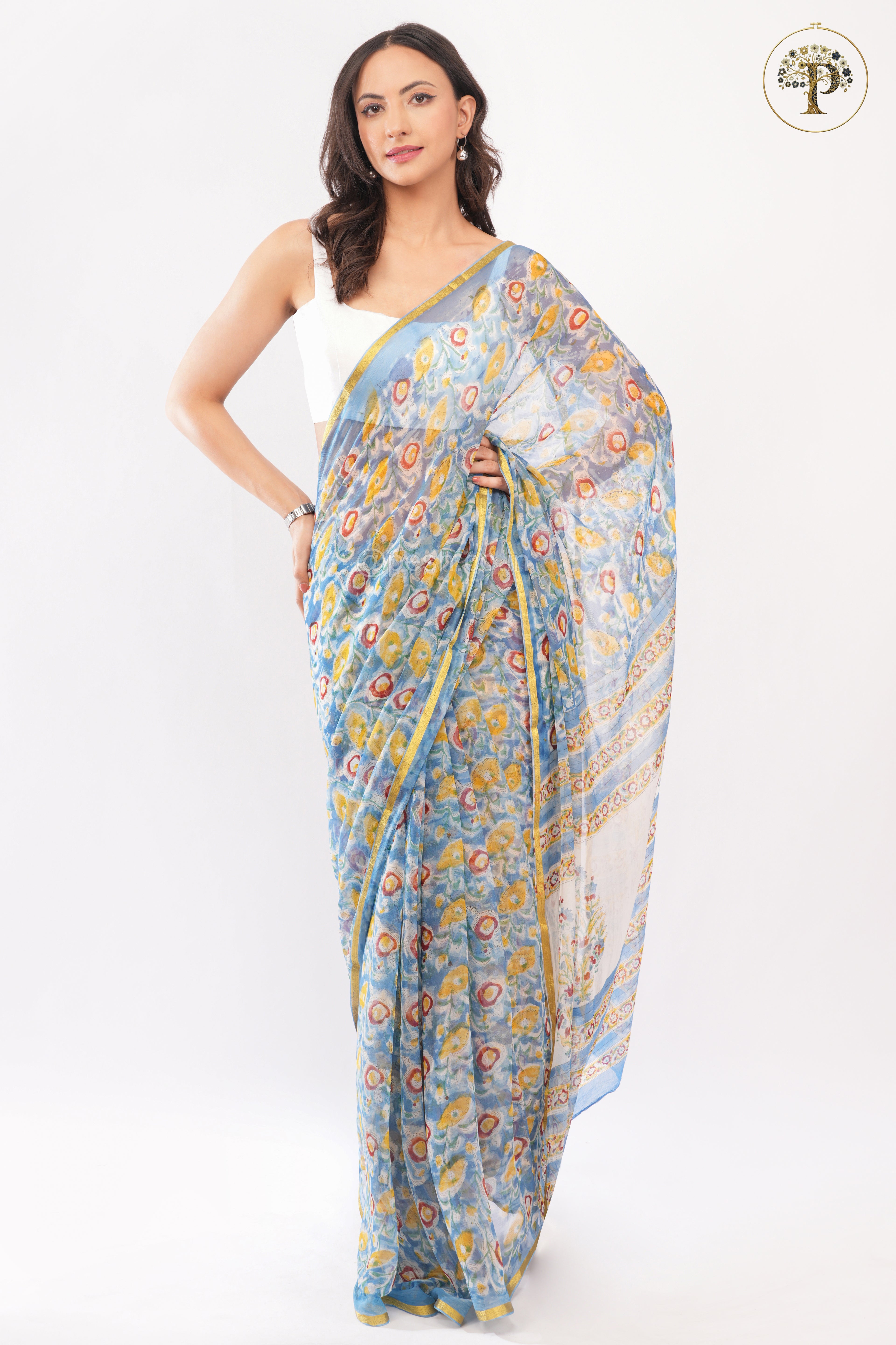 Blue Sanganeri Chiffon Saree