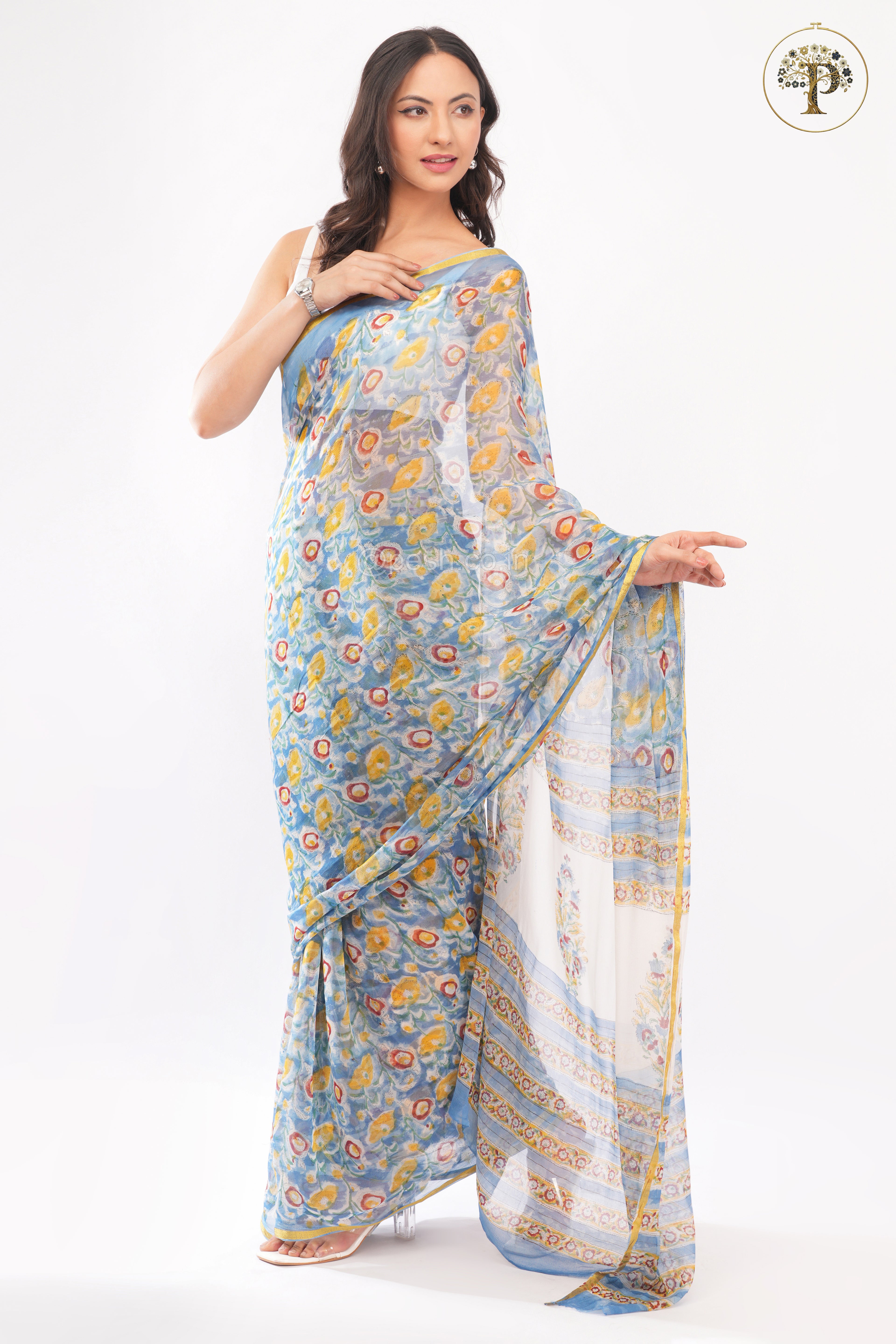 Blue Sanganeri Chiffon Saree