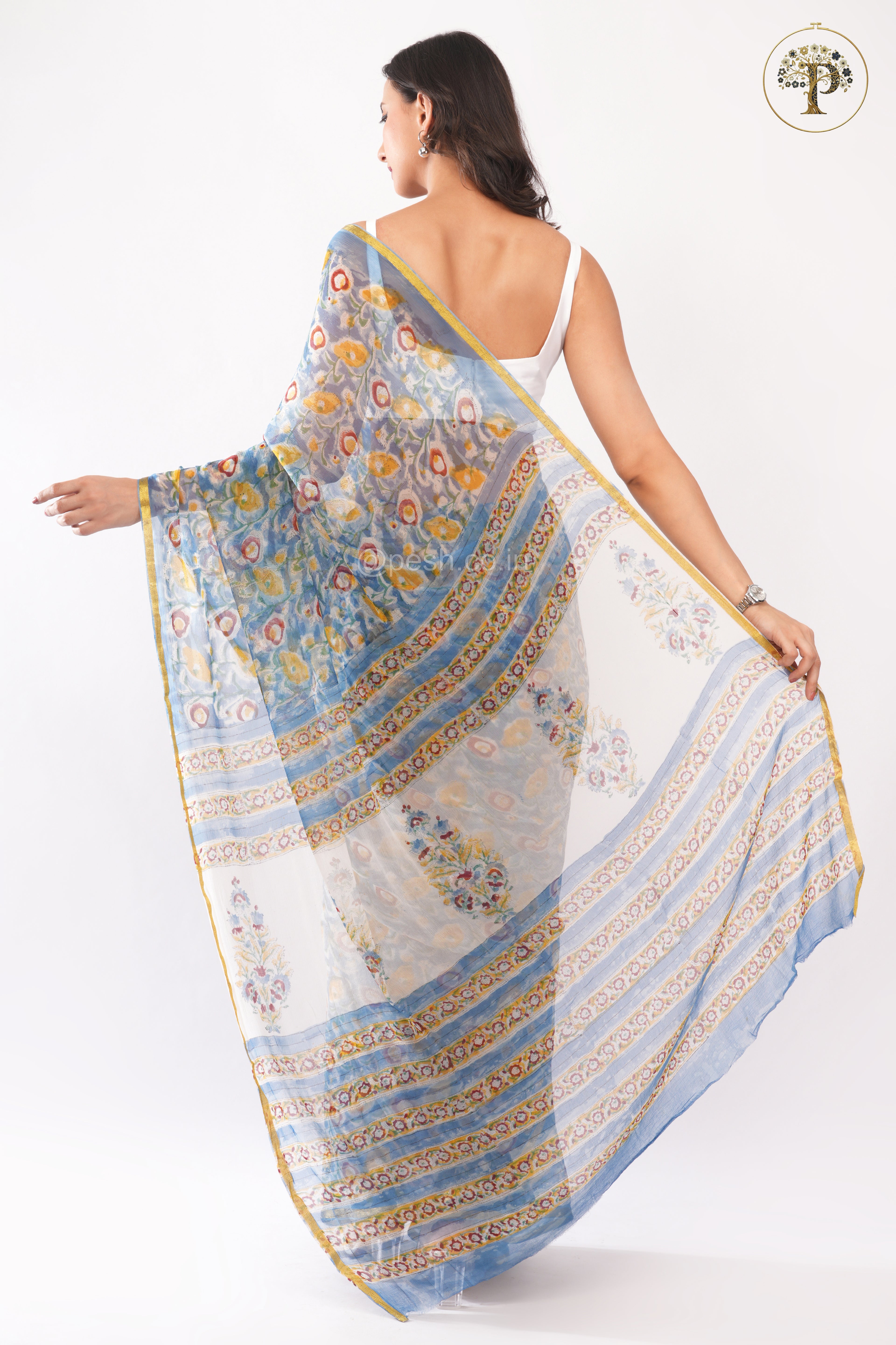 Blue Sanganeri Chiffon Saree
