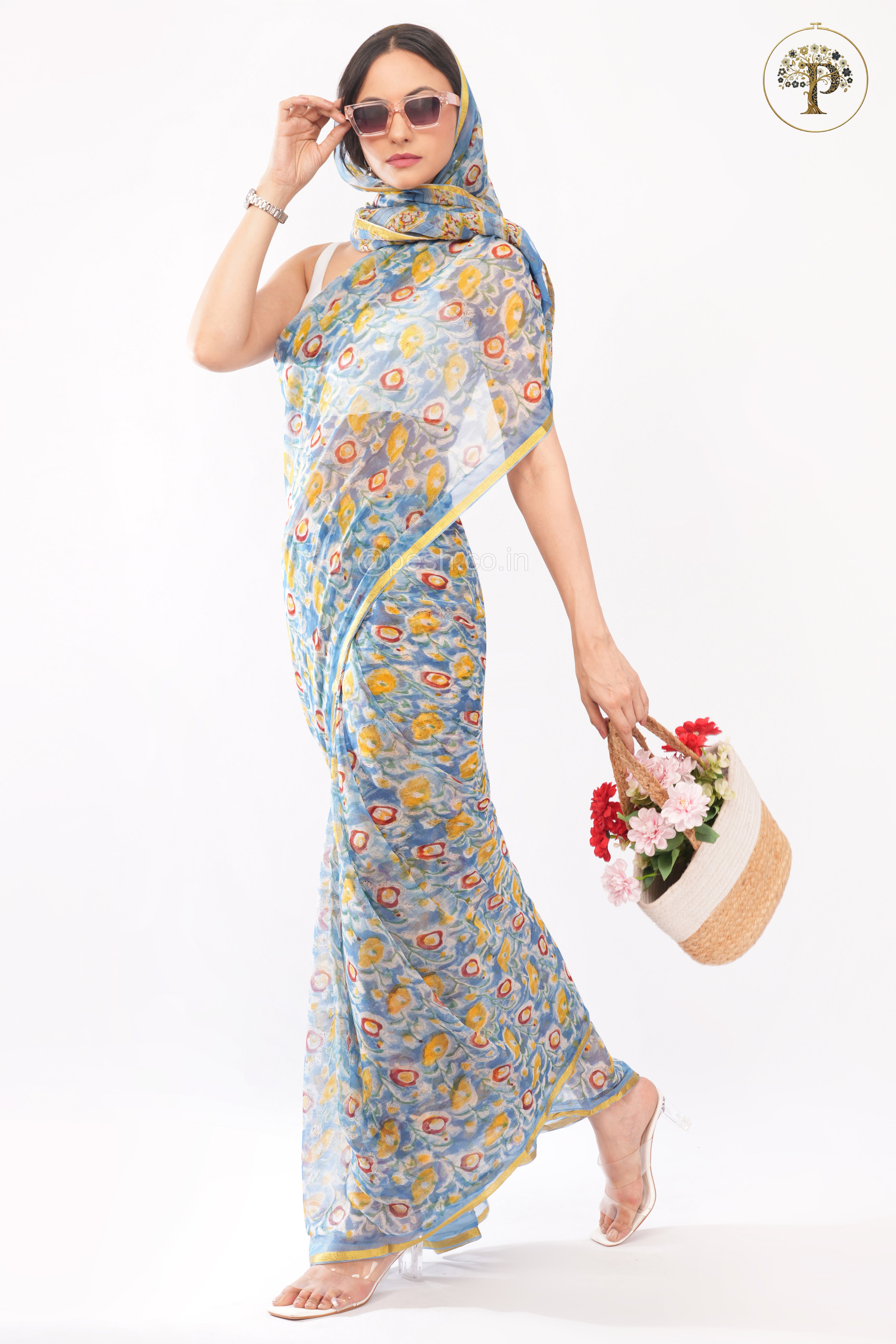 Blue Sanganeri Chiffon Saree