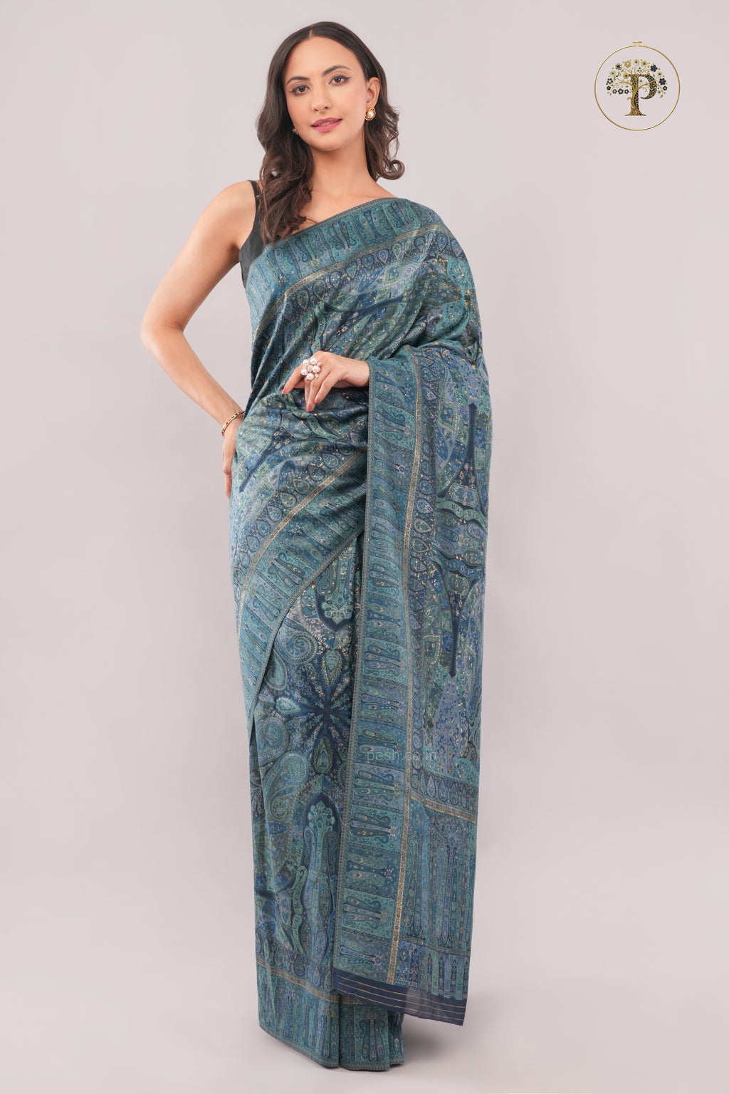 Kong Posh Jade Blue Kashmiri Jamawari Saree