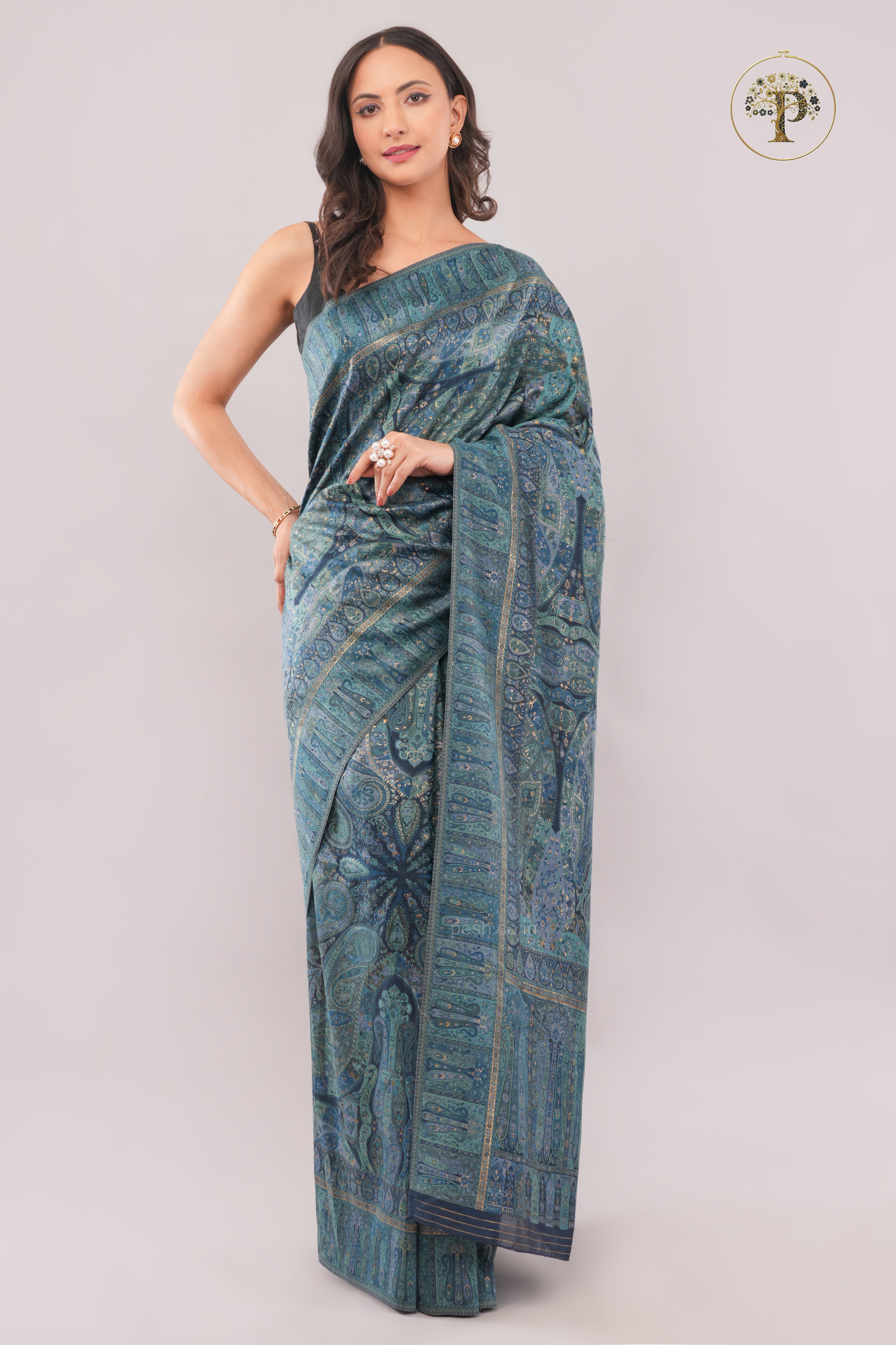 Kong Posh Jade Blue Kashmiri Jamawari Saree
