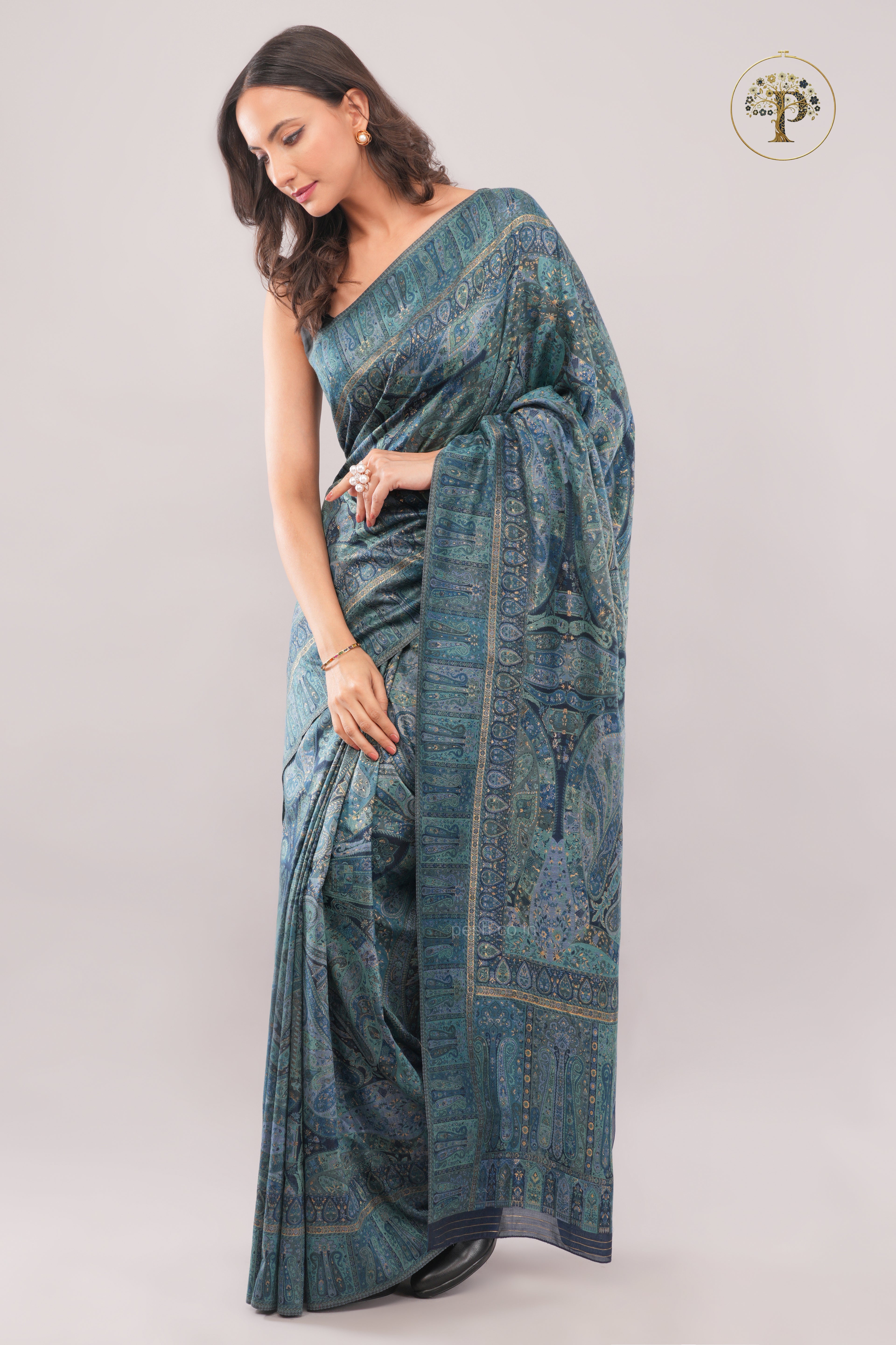 Kong Posh Jade Blue Kashmiri Jamawari Saree