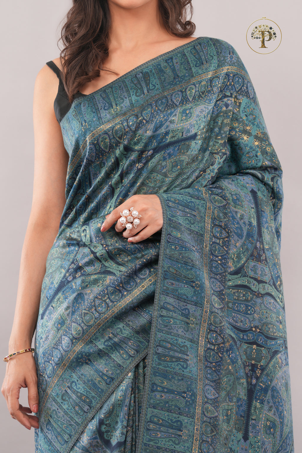 Kong Posh Jade Blue Kashmiri Jamawari Saree