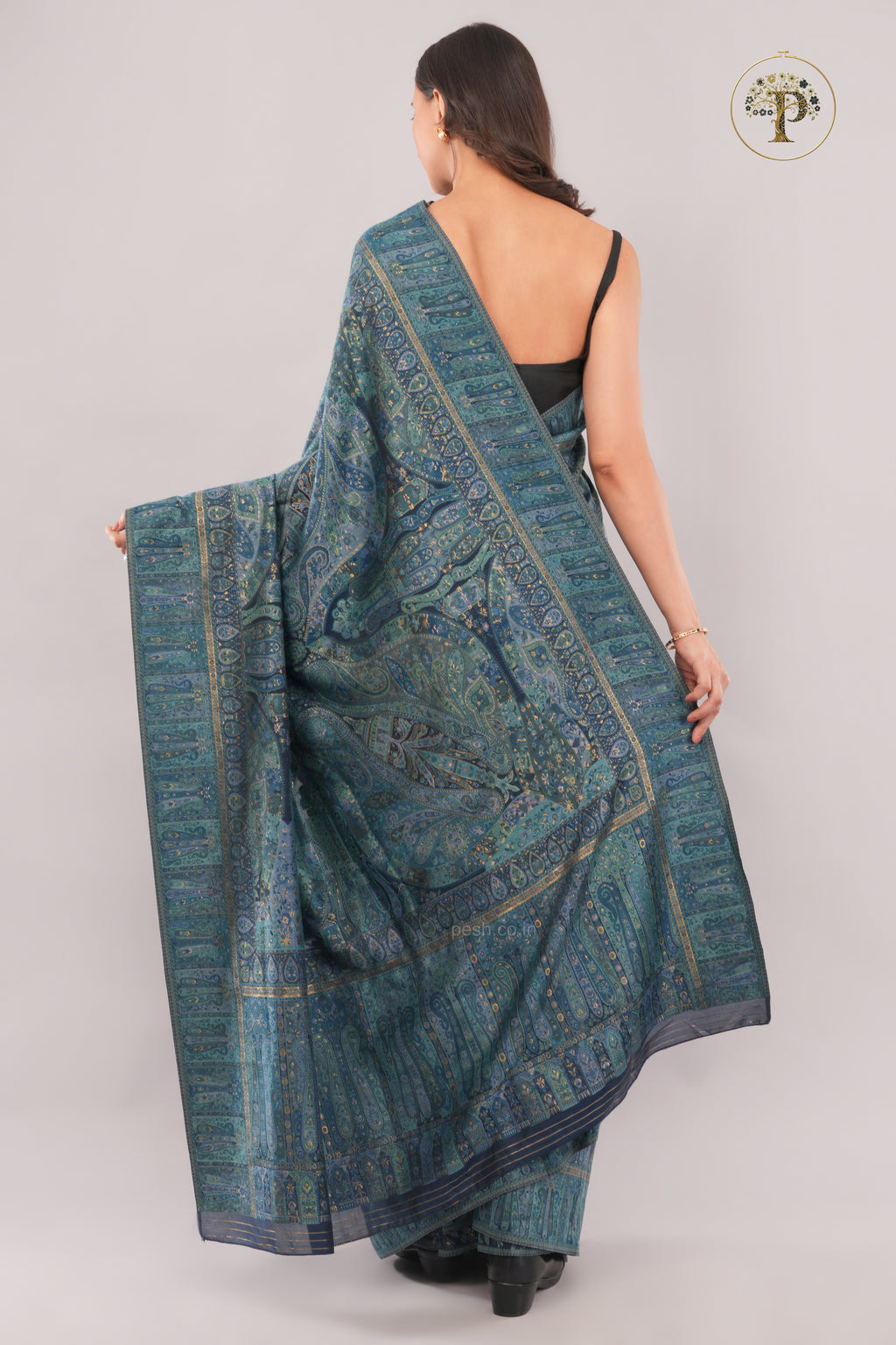 Kong Posh Jade Blue Kashmiri Jamawari Saree
