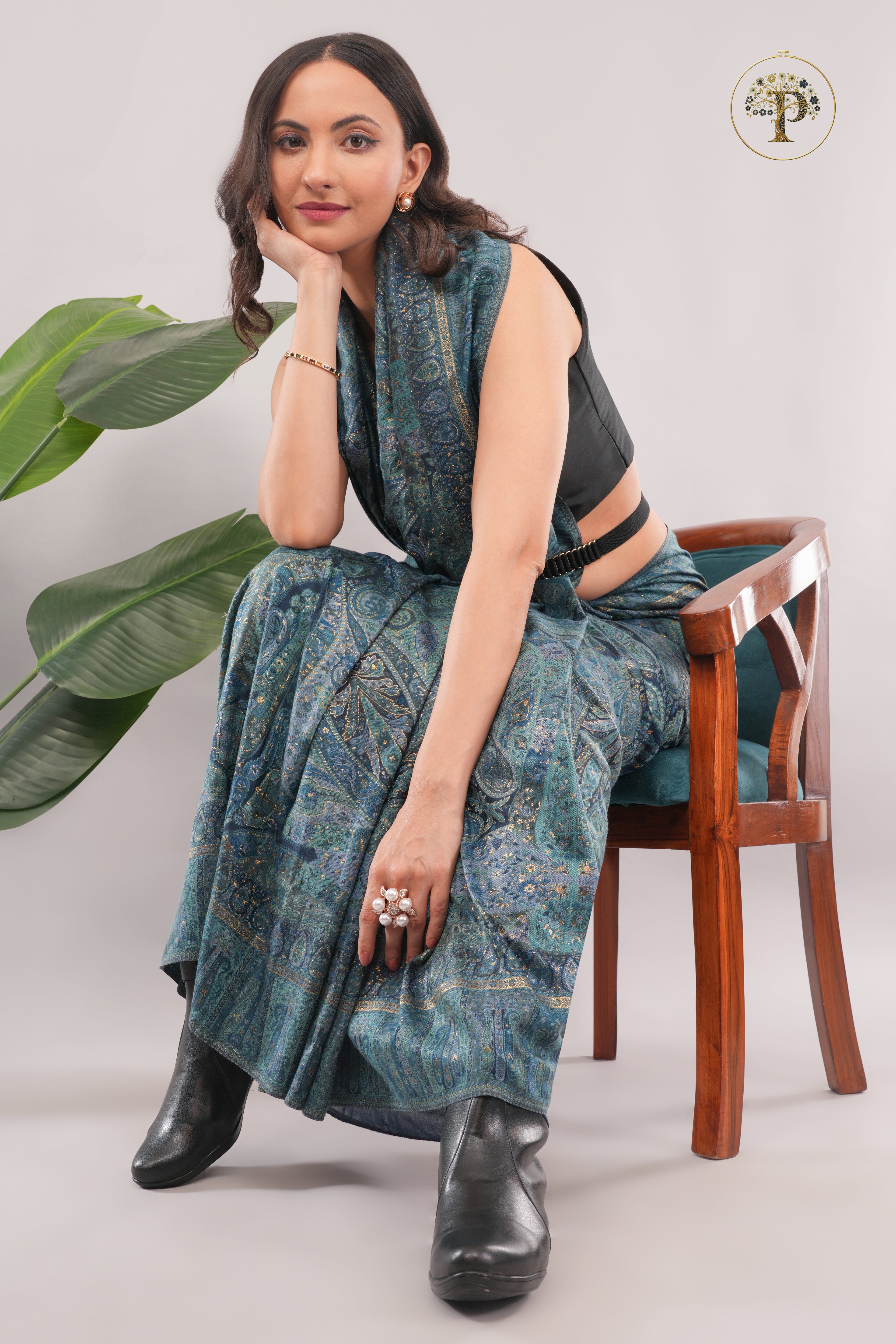 Kong Posh Jade Blue Kashmiri Jamawari Saree