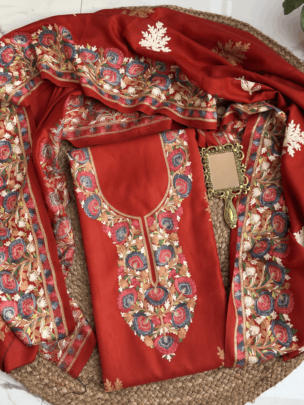 Chilli Red Aari Embroidered Woolen Suit Set