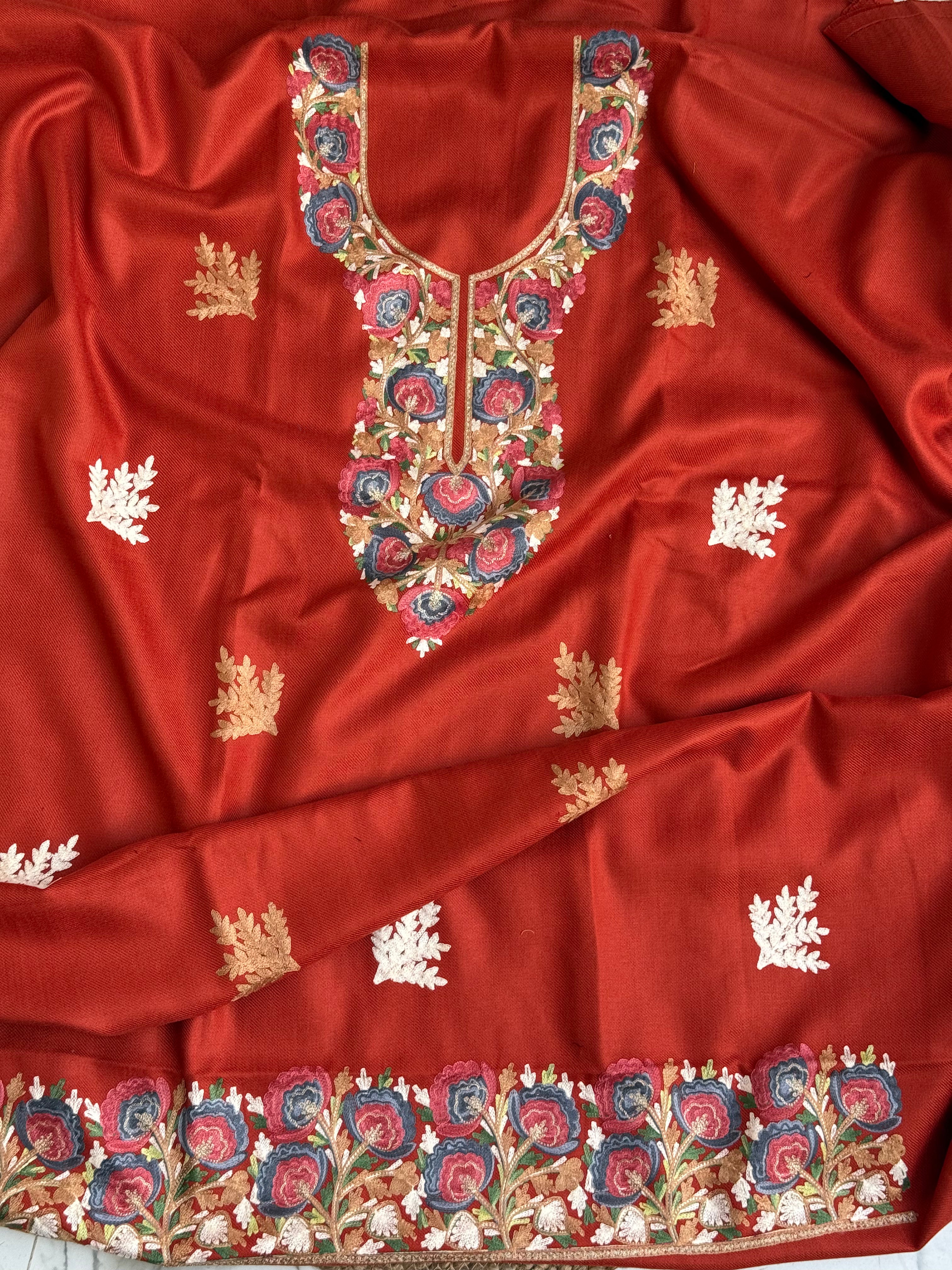 Chilli Red Aari Embroidered Woolen Suit Set