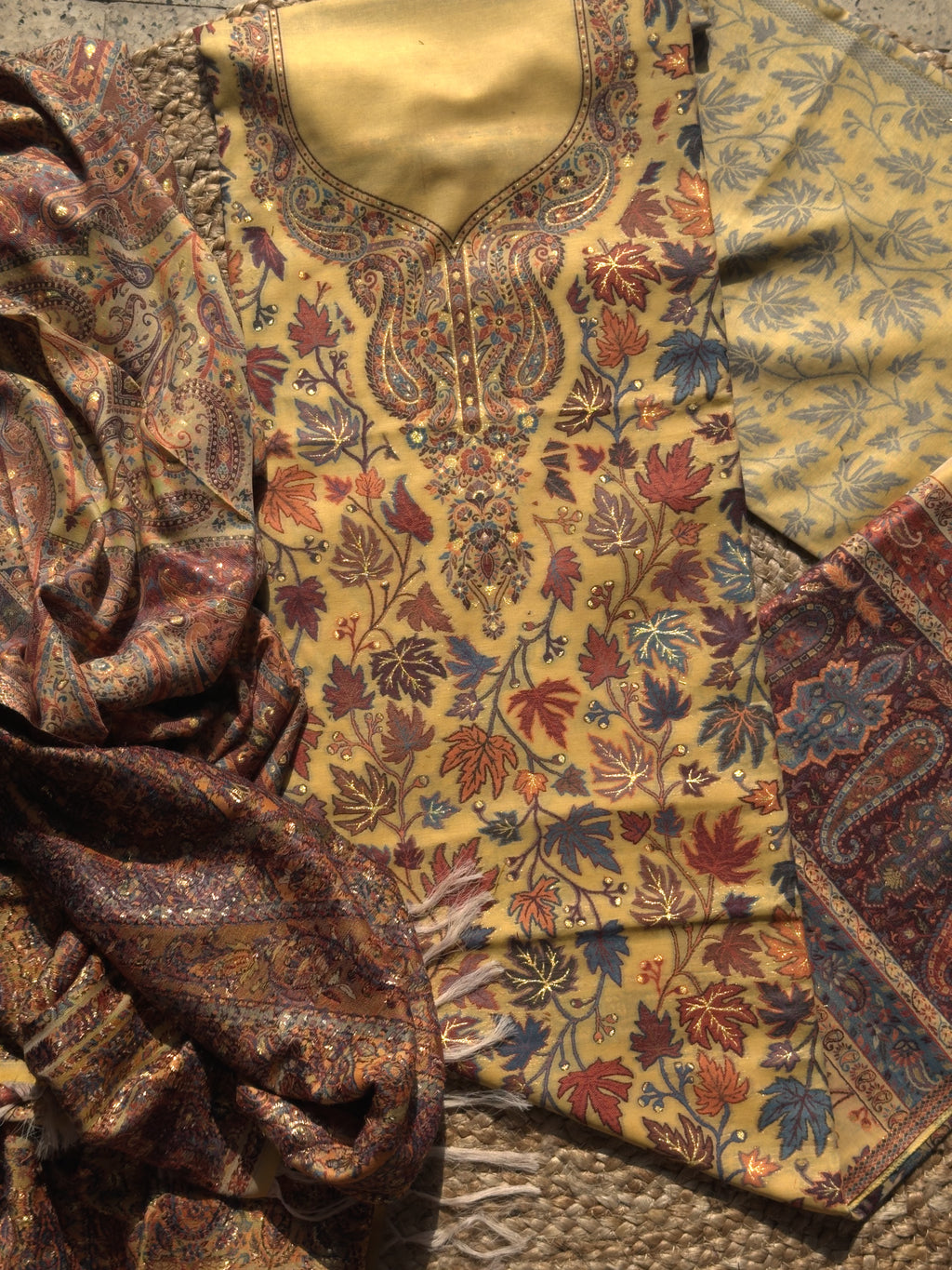 Mustard Yellow Kashmiri Kani Silk Suit