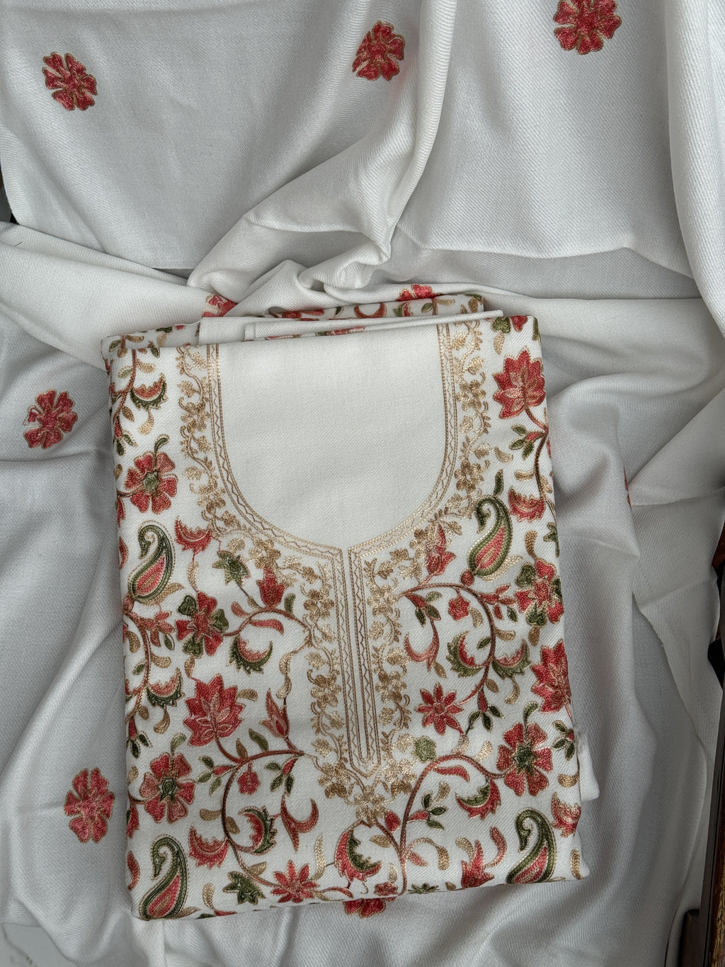 Ivory White Kashmiri Multi-Color Aari Suit Set