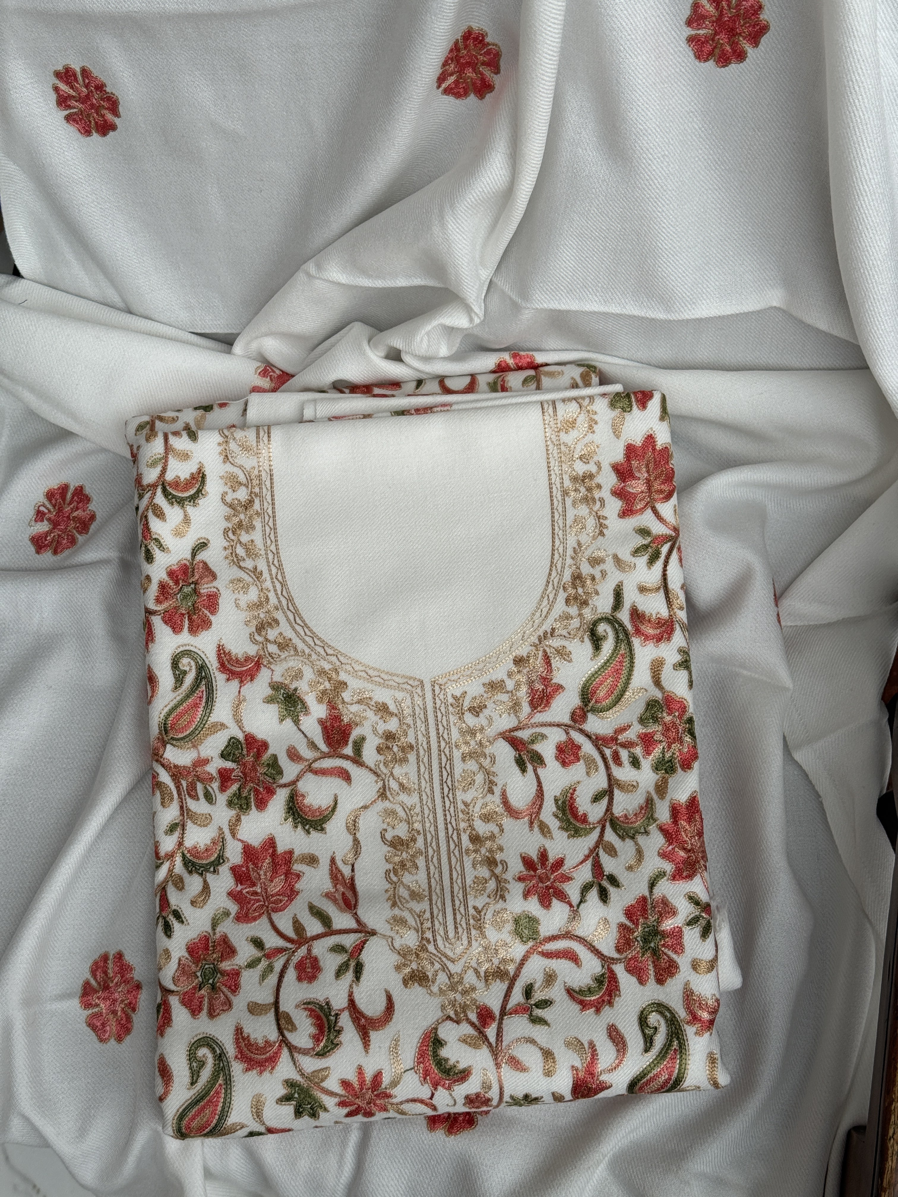 Ivory White Kashmiri Multi-Color Aari Suit Set