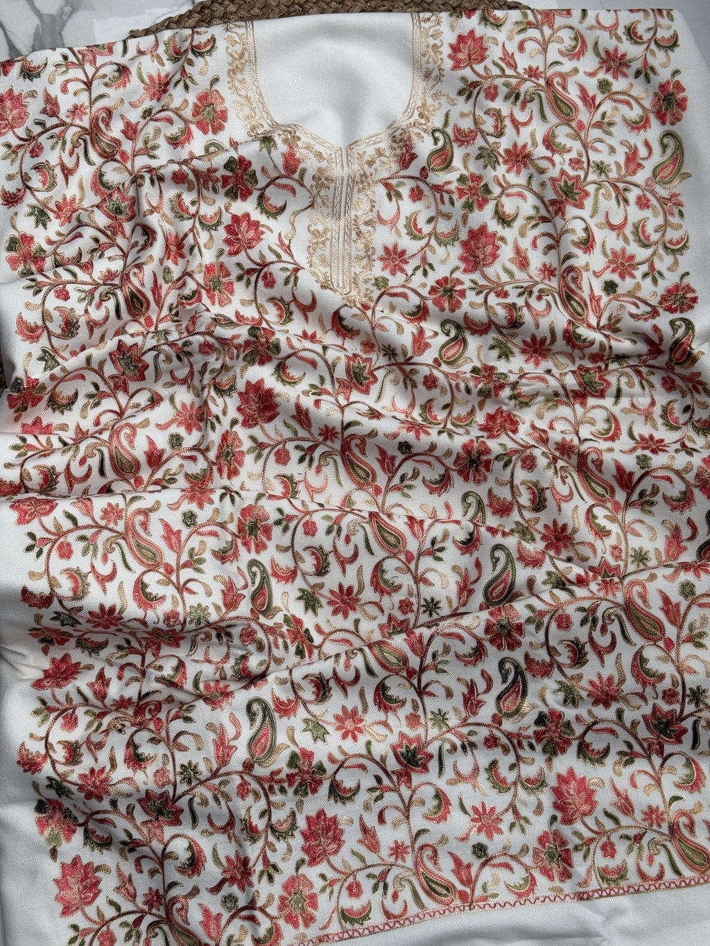 Ivory White Kashmiri Multi-Color Aari Suit Set