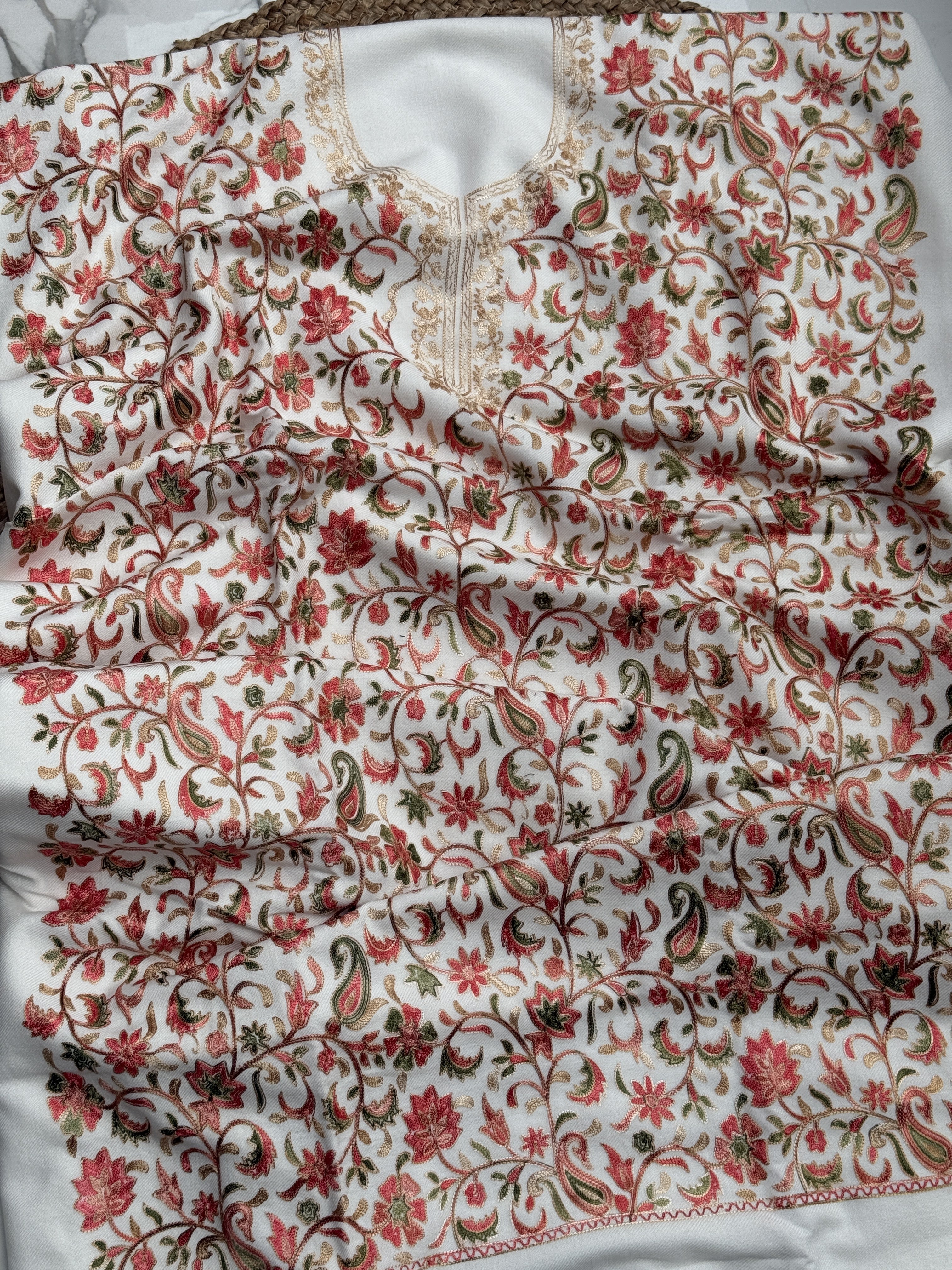 Ivory White Kashmiri Multi-Color Aari Suit Set