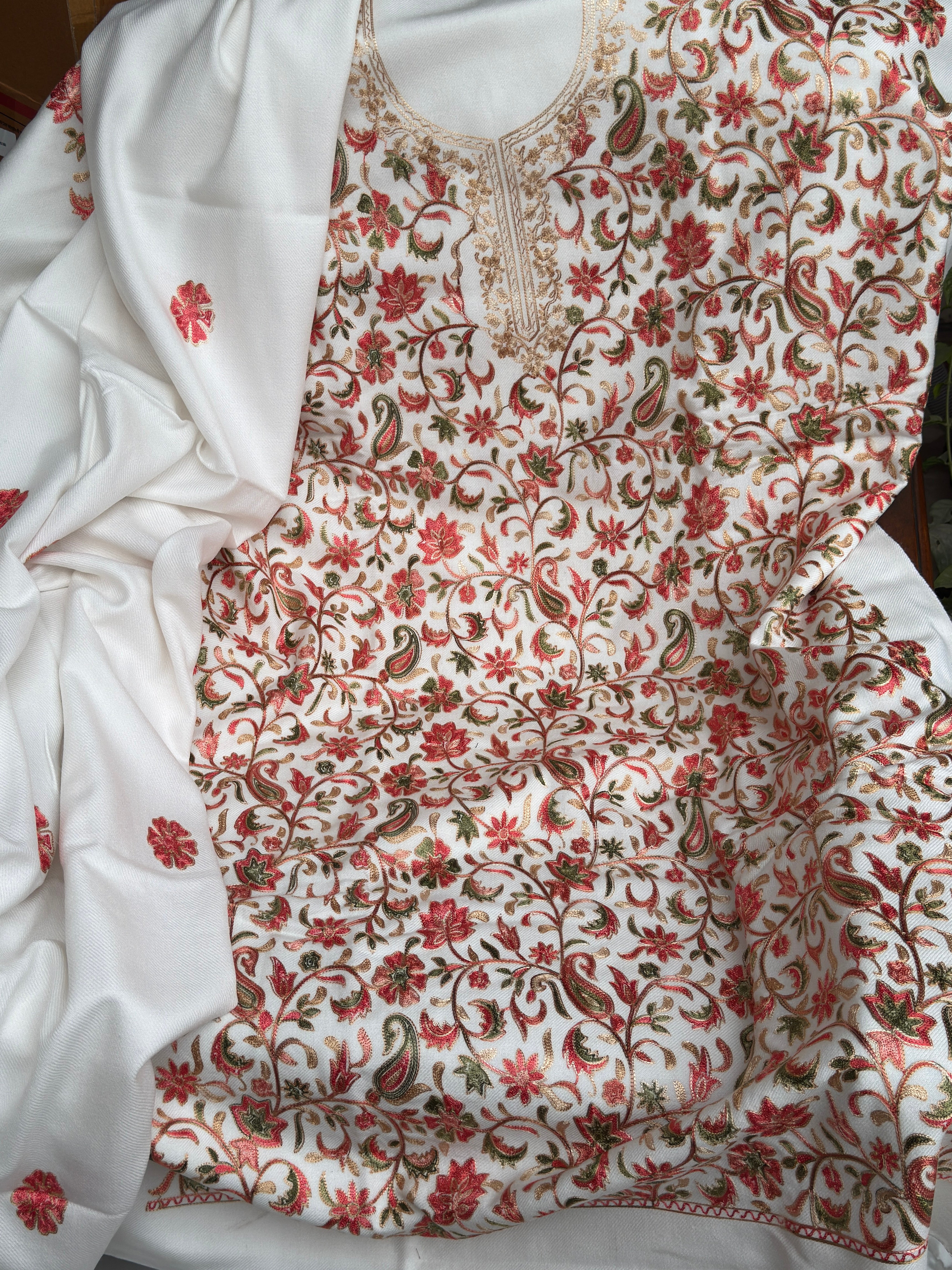 Ivory White Kashmiri Multi-Color Aari Suit Set
