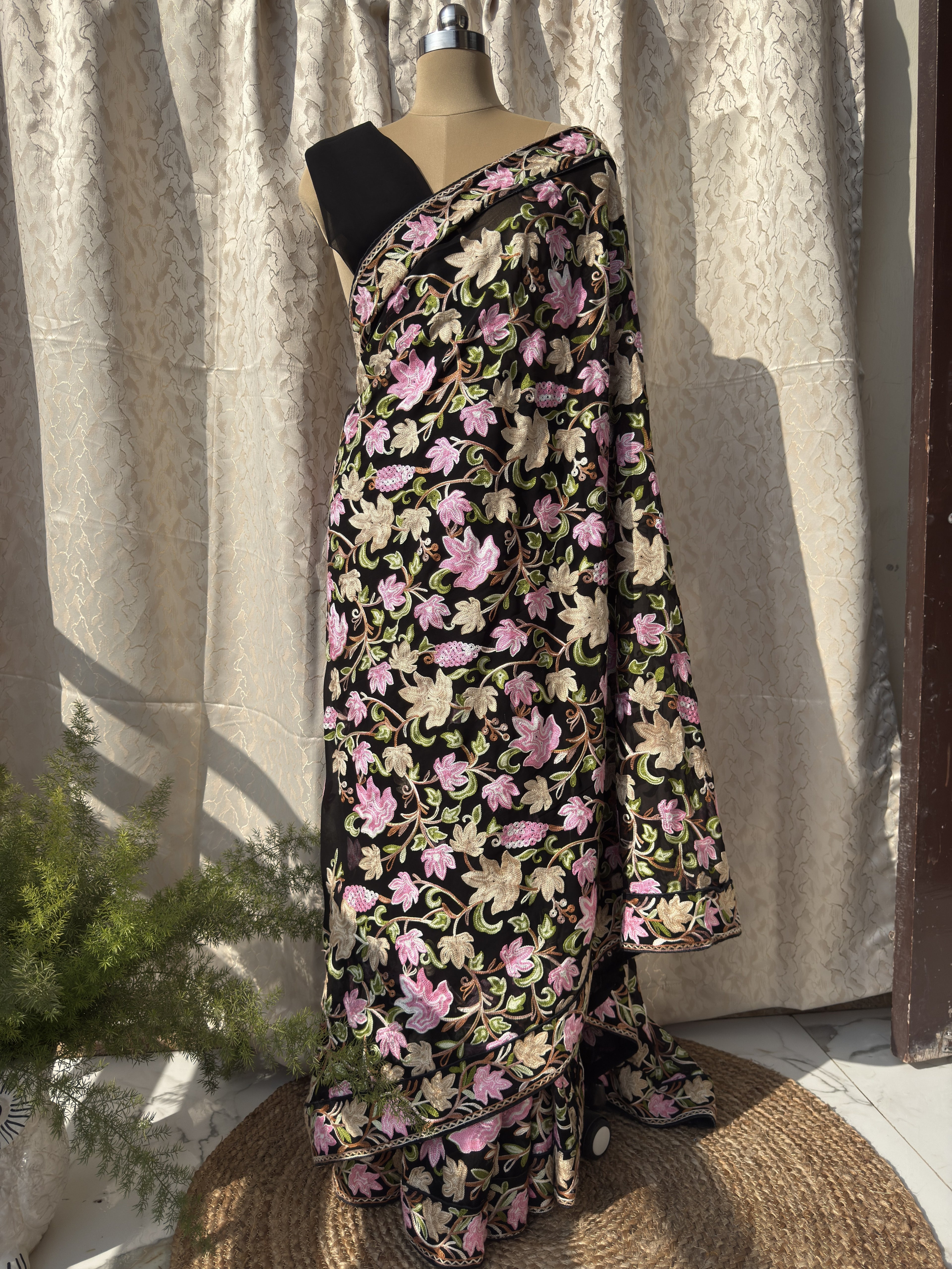 Midnight Black Georgette Saree in Multi-Color Resham Aari