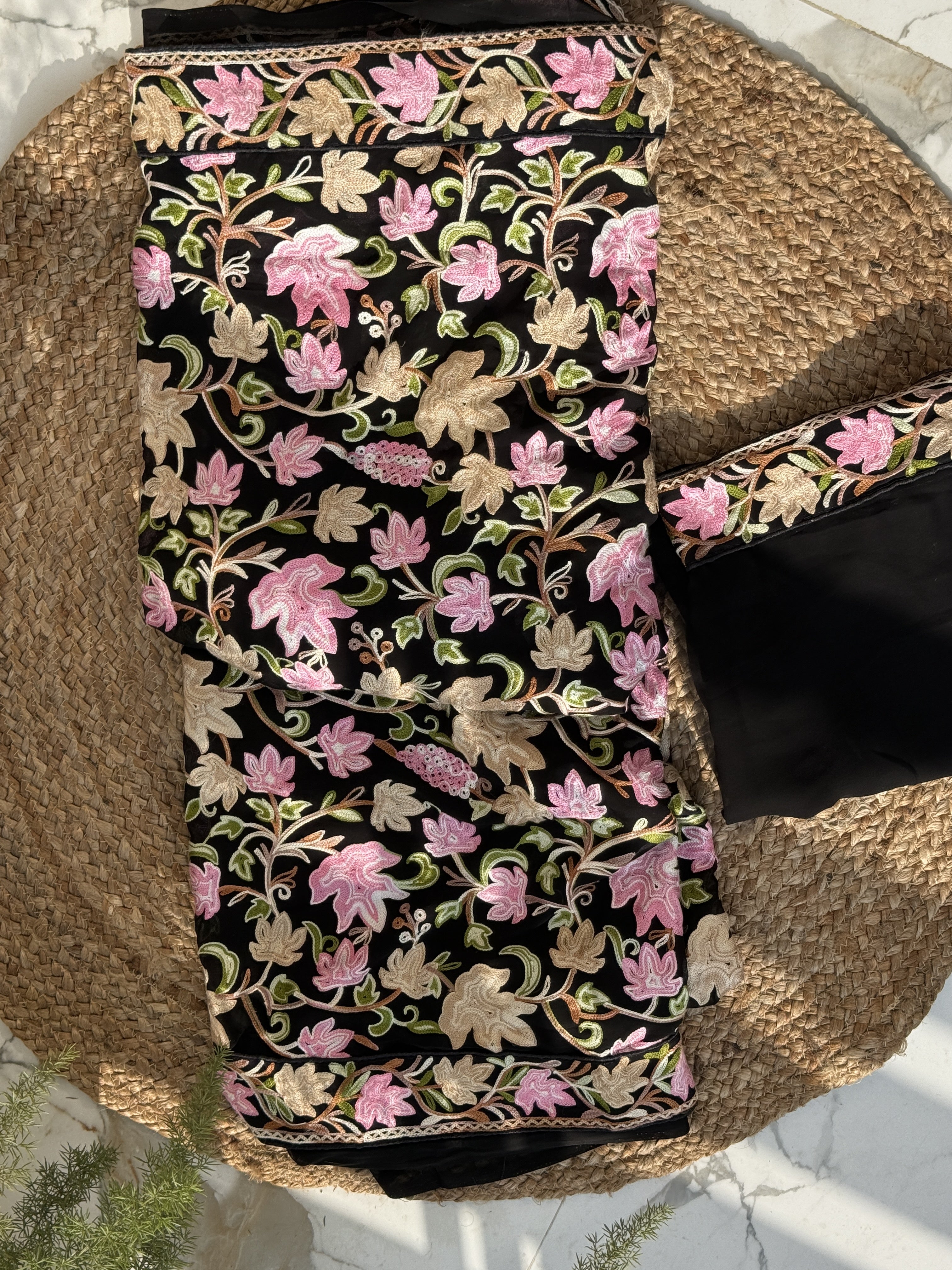 Midnight Black Georgette Saree in Multi-Color Resham Aari