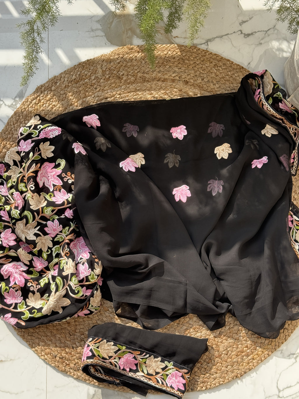 Midnight Black Georgette Saree in Multi-Color Resham Aari