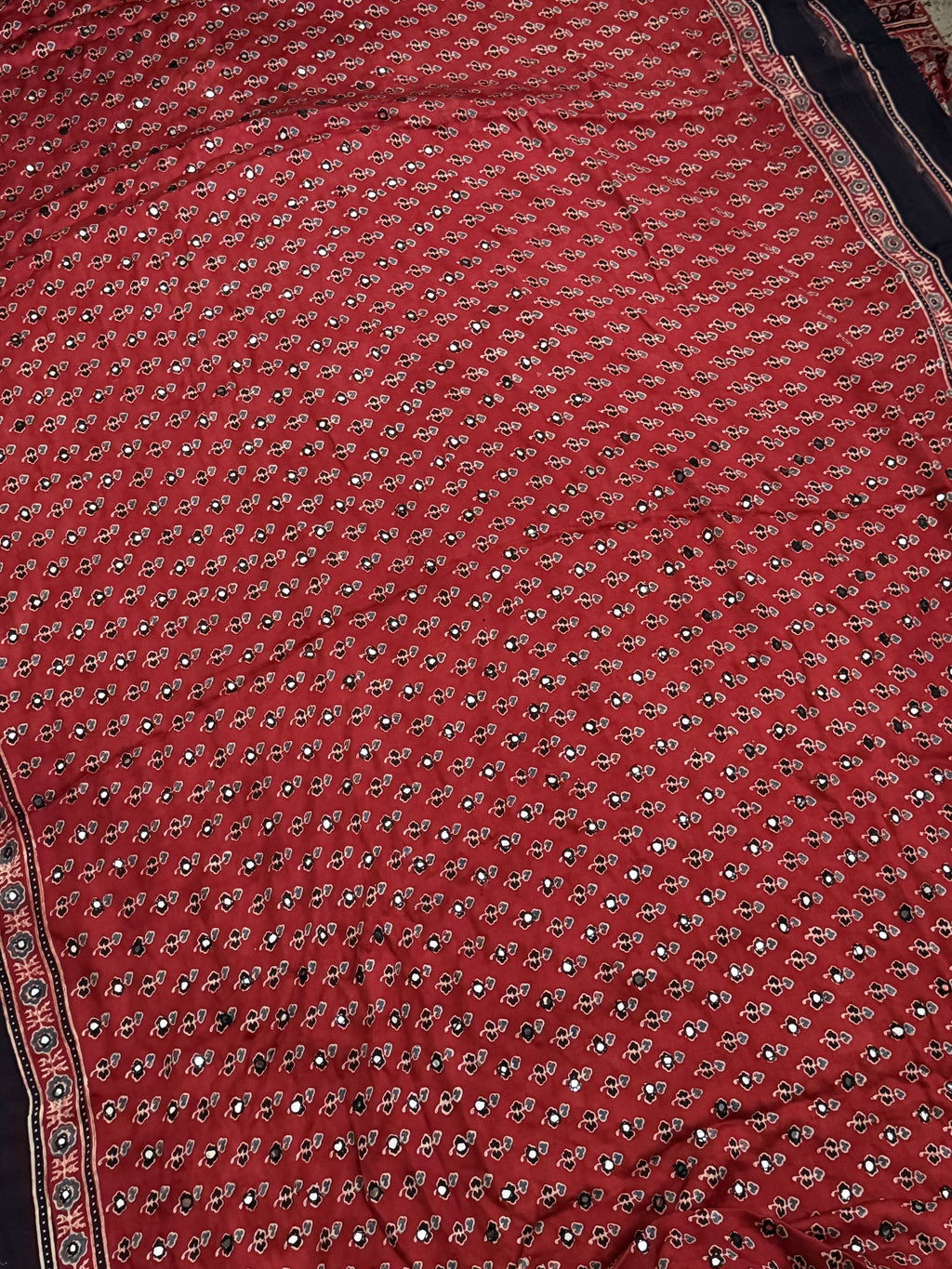 Surkh - Pure Modal Silk Handblocked Ajrakh Saree with Stitched Real Mirrors