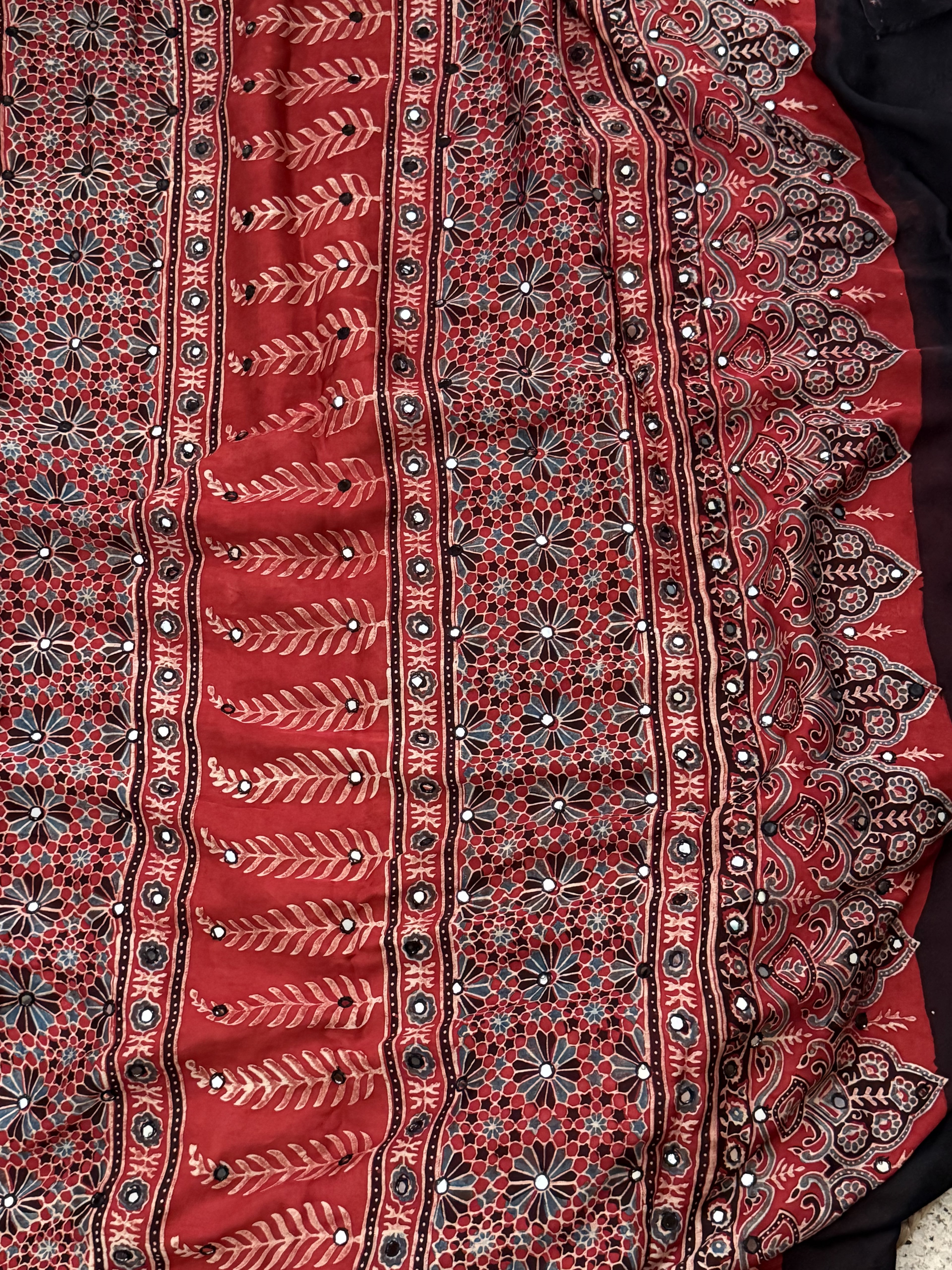 Surkh - Pure Modal Silk Handblocked Ajrakh Saree with Stitched Real Mirrors