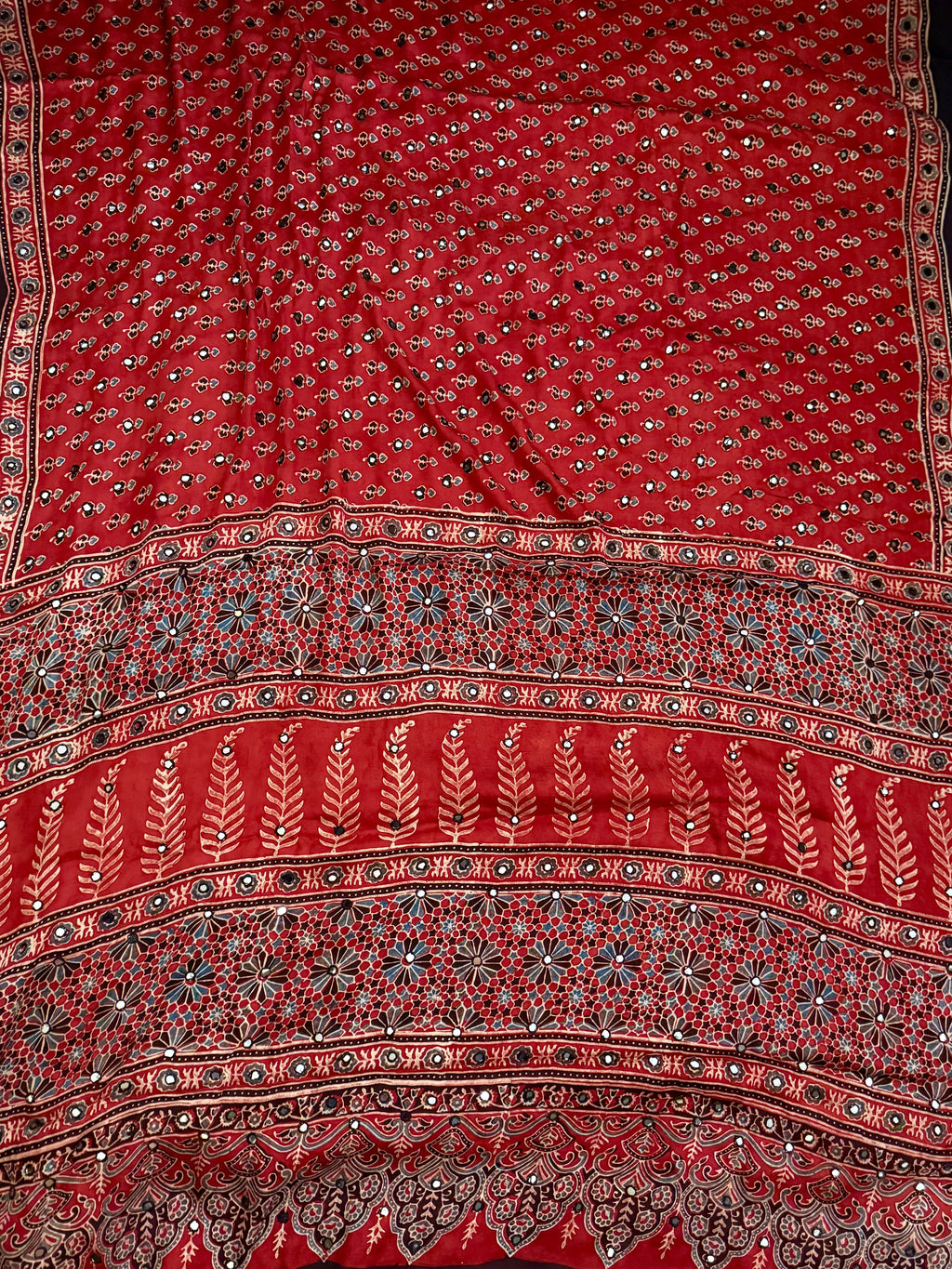 Surkh - Pure Modal Silk Handblocked Ajrakh Saree with Stitched Real Mirrors