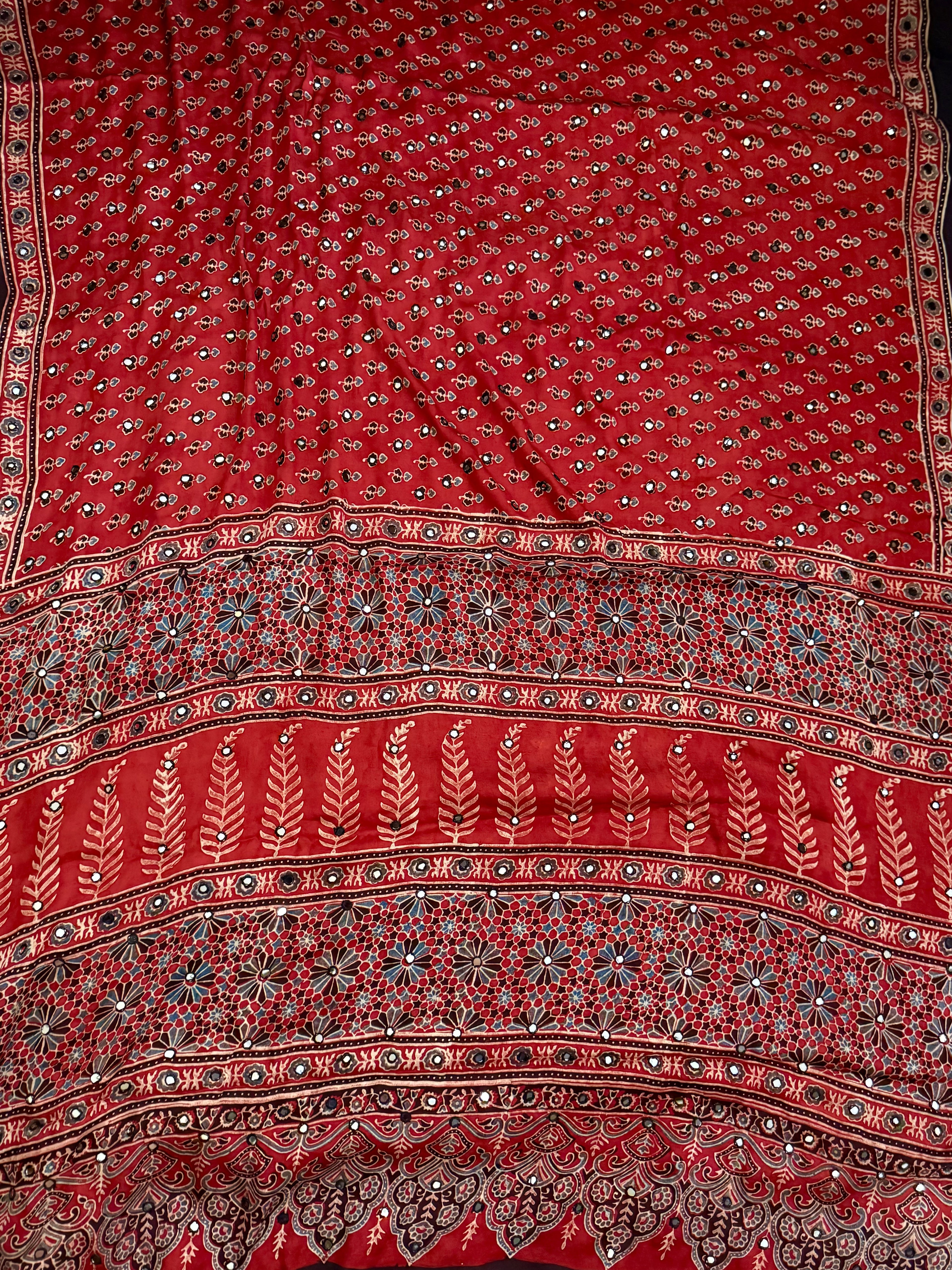 Surkh - Pure Modal Silk Handblocked Ajrakh Saree with Stitched Real Mirrors