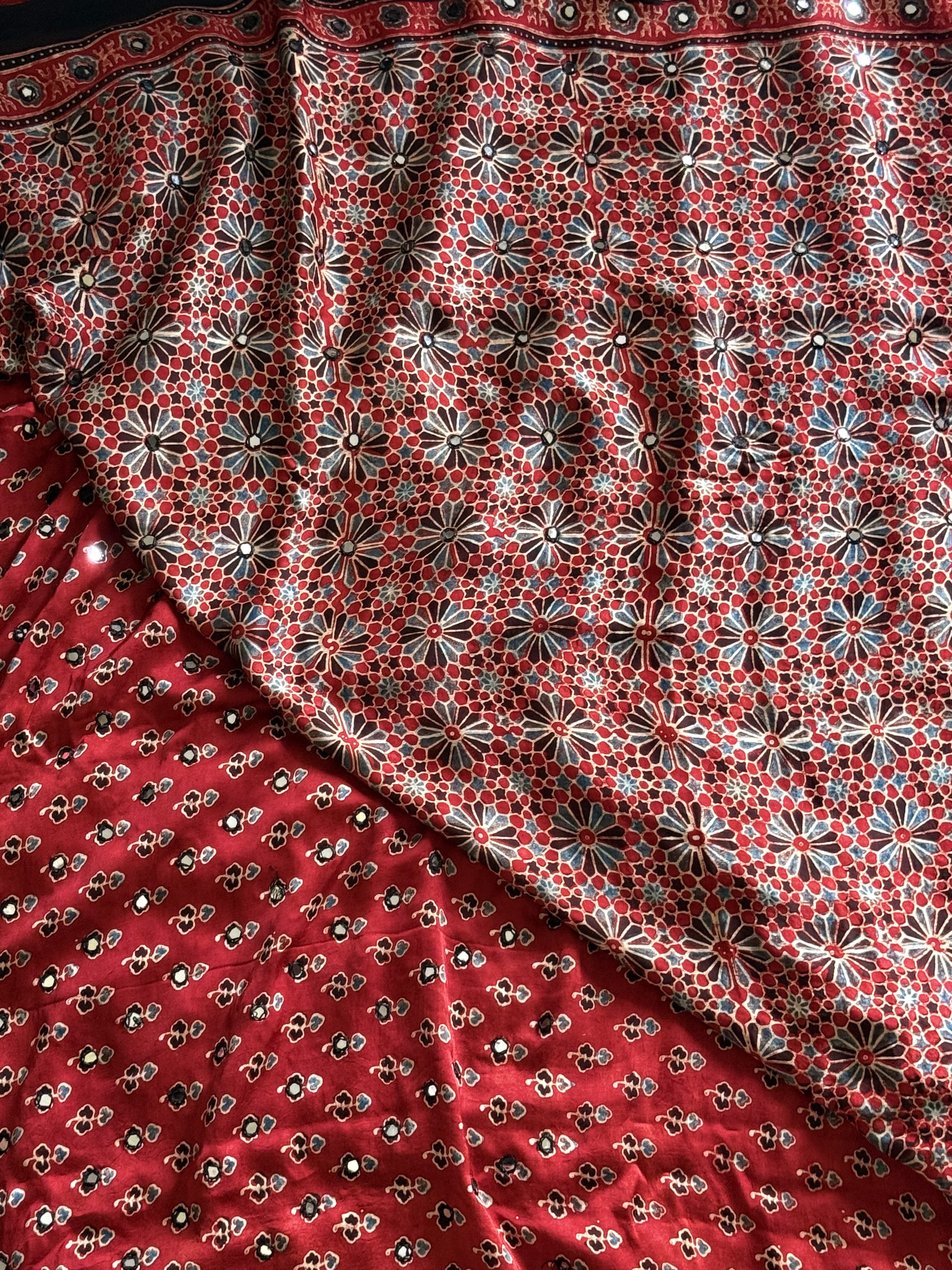 Surkh - Pure Modal Silk Handblocked Ajrakh Saree with Stitched Real Mirrors