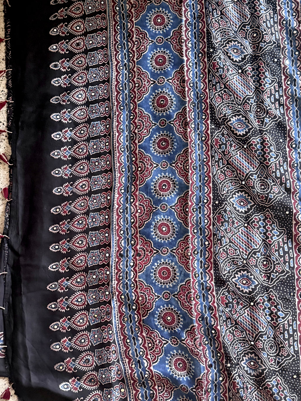 Siyah- Pure Modal Silk Handblocked Ajrakh Saree with Stitched Real Mirrors