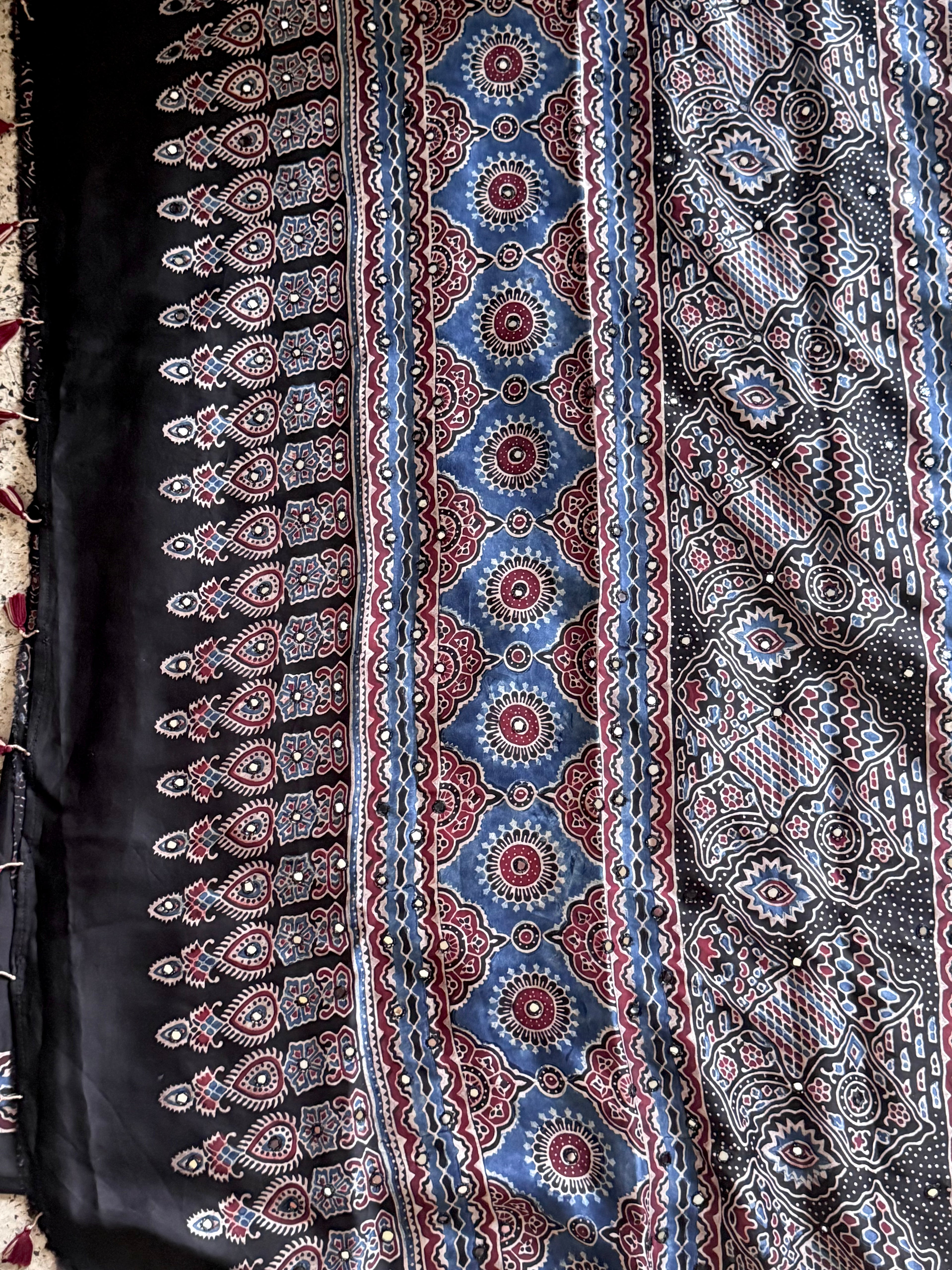 Siyah- Pure Modal Silk Handblocked Ajrakh Saree with Stitched Real Mirrors