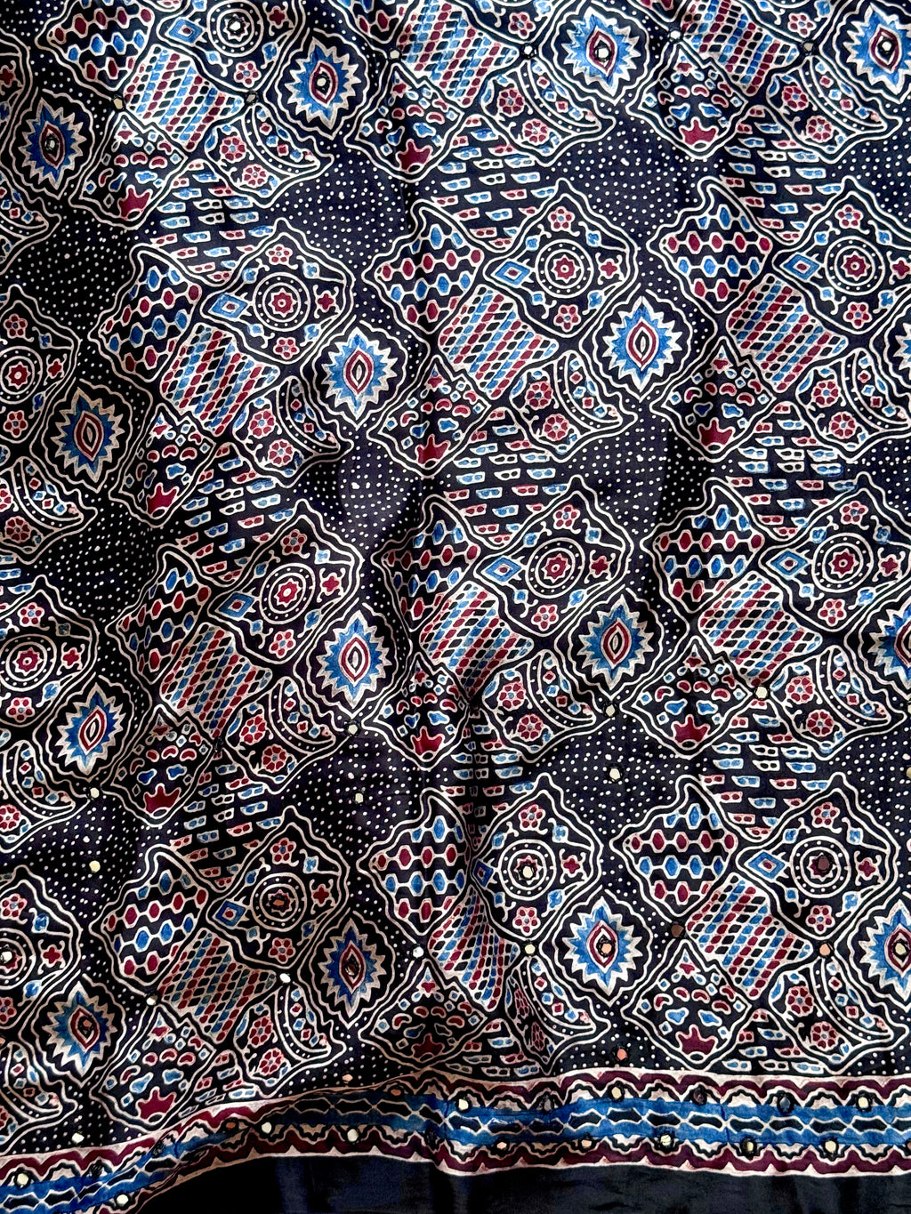 Siyah- Pure Modal Silk Handblocked Ajrakh Saree with Stitched Real Mirrors