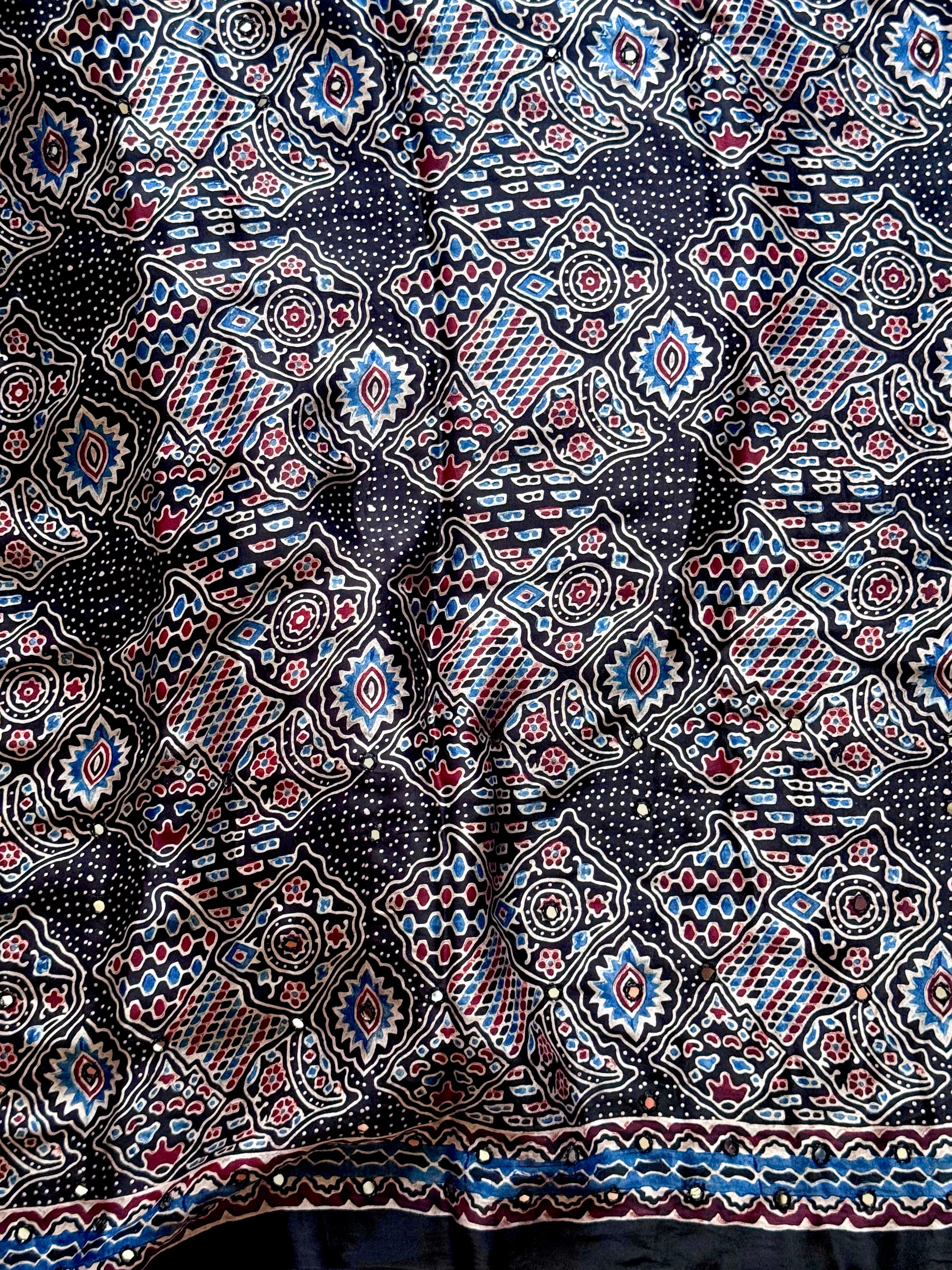 Siyah- Pure Modal Silk Handblocked Ajrakh Saree with Stitched Real Mirrors