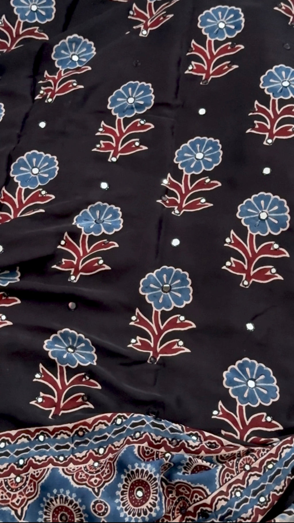 Siyah- Pure Modal Silk Handblocked Ajrakh Saree with Stitched Real Mirrors
