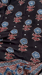 Siyah- Pure Modal Silk Handblocked Ajrakh Saree with Stitched Real Mirrors