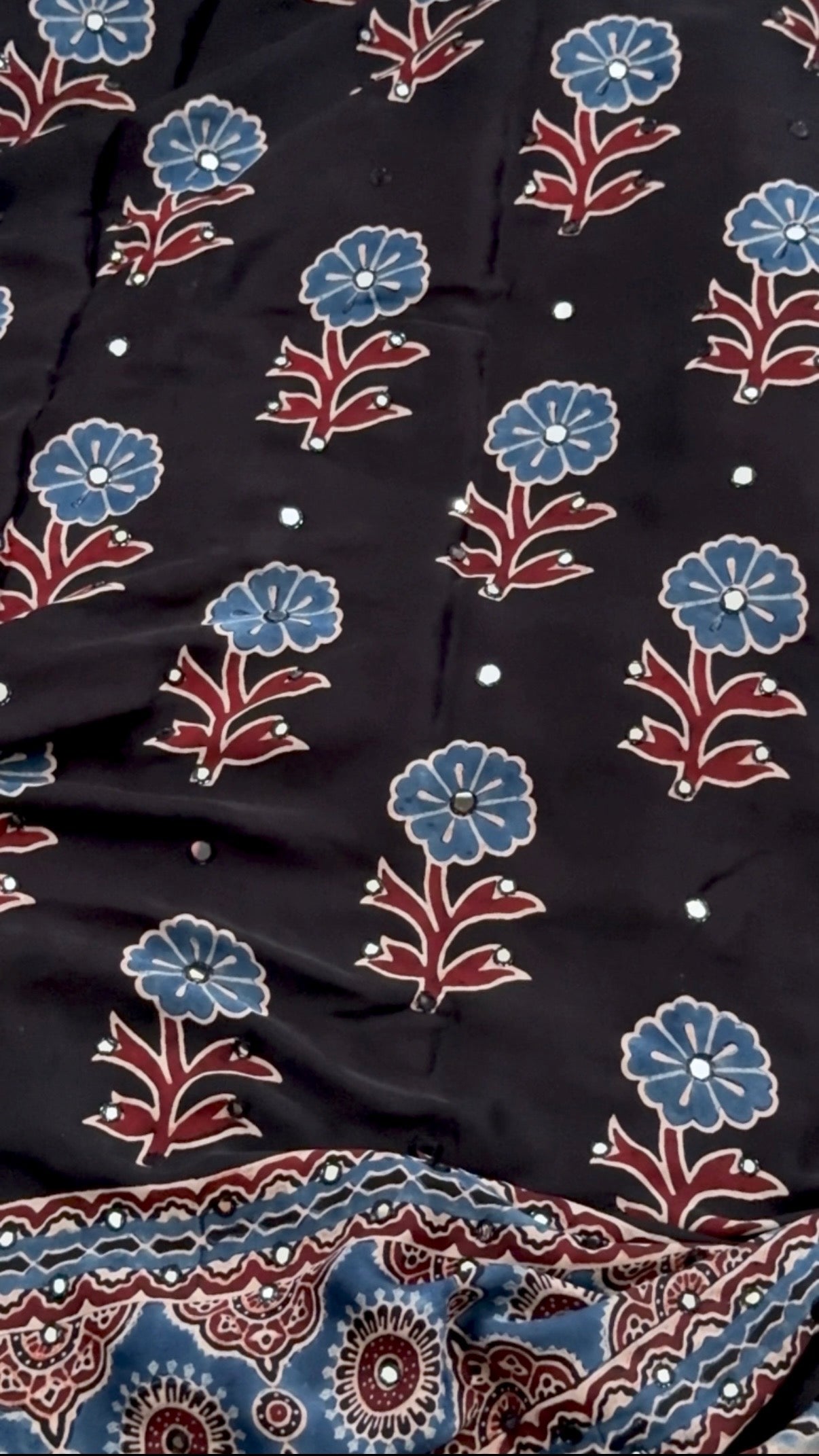 Siyah- Pure Modal Silk Handblocked Ajrakh Saree with Stitched Real Mirrors