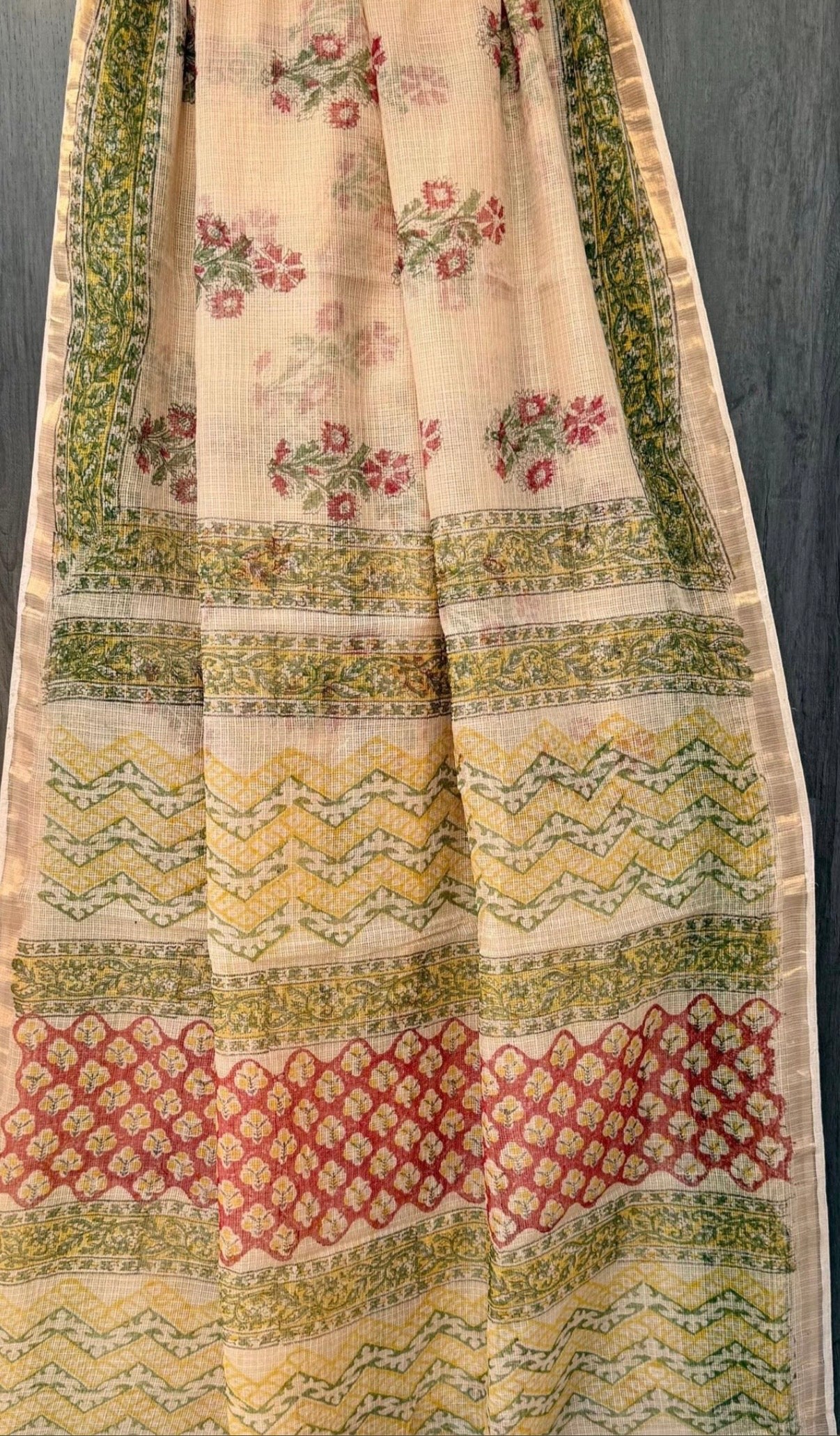 Beige - Floral Printed Handblocked Kota Doria Saree